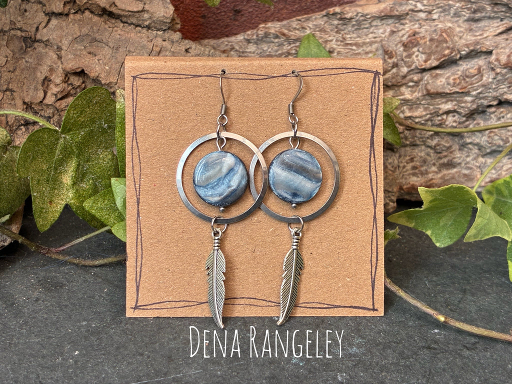 Blue beaded feather earrings
