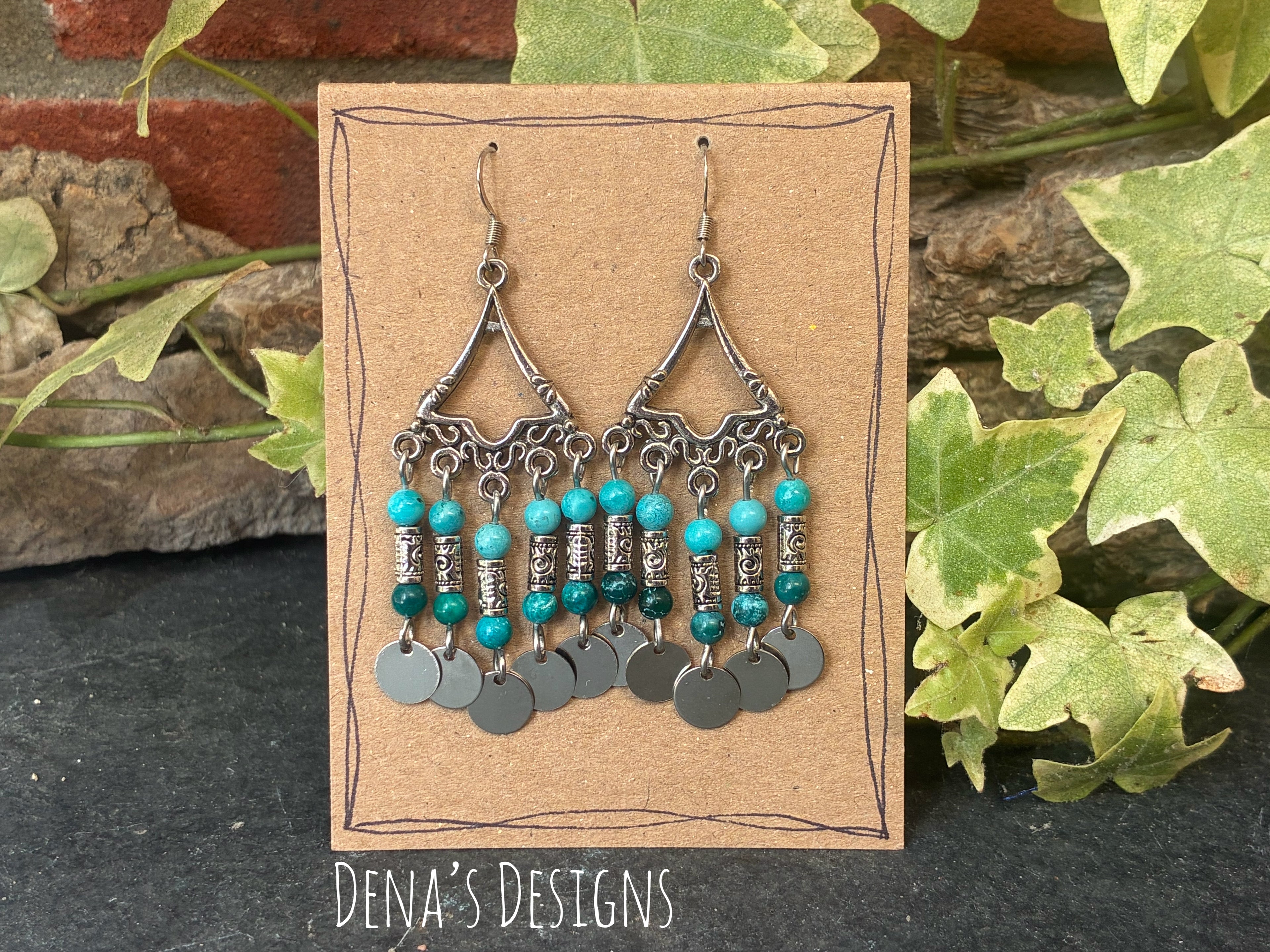 Chandelier teal coloured beaded earrings