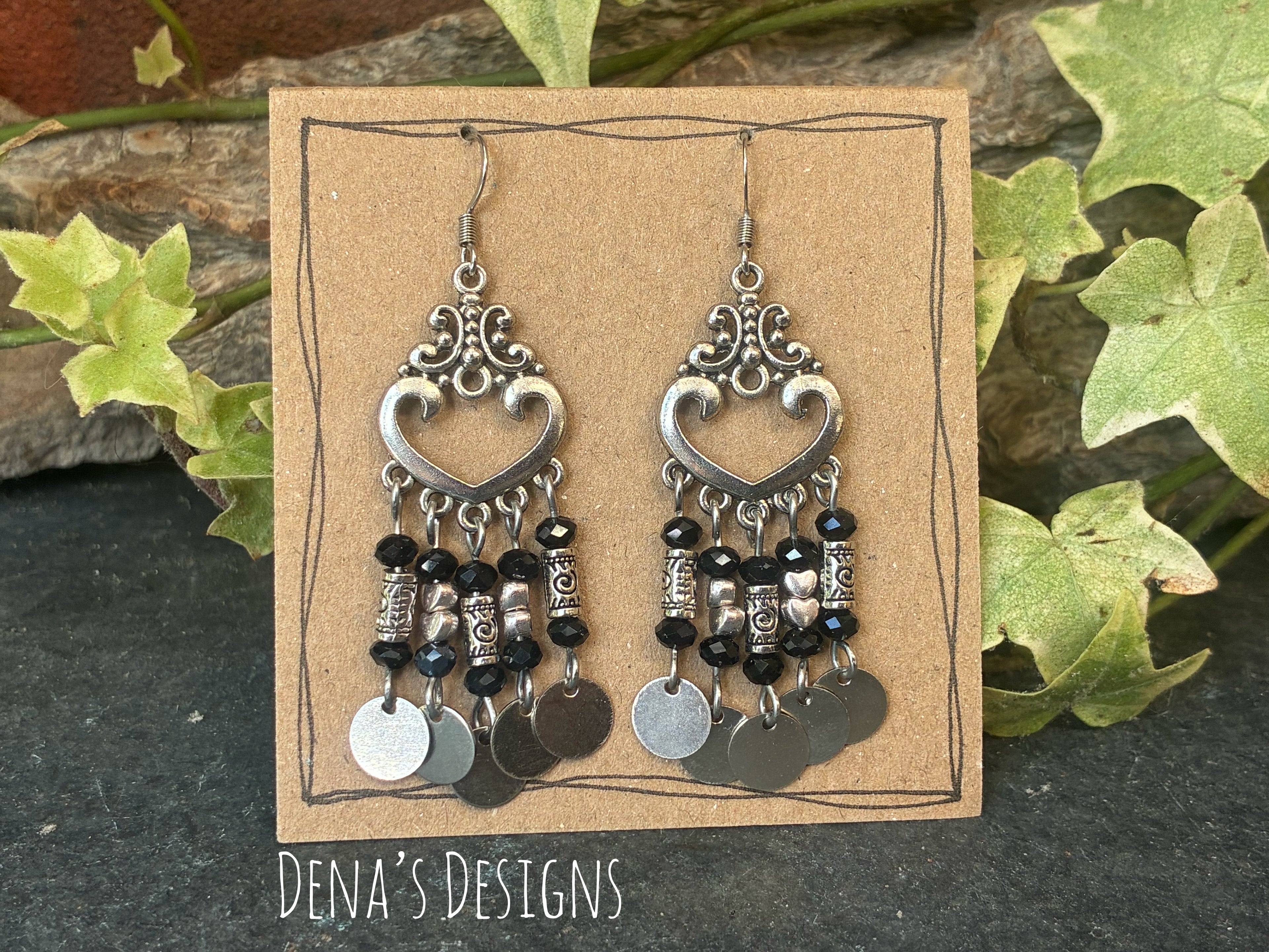 Chandelier black heart earrings