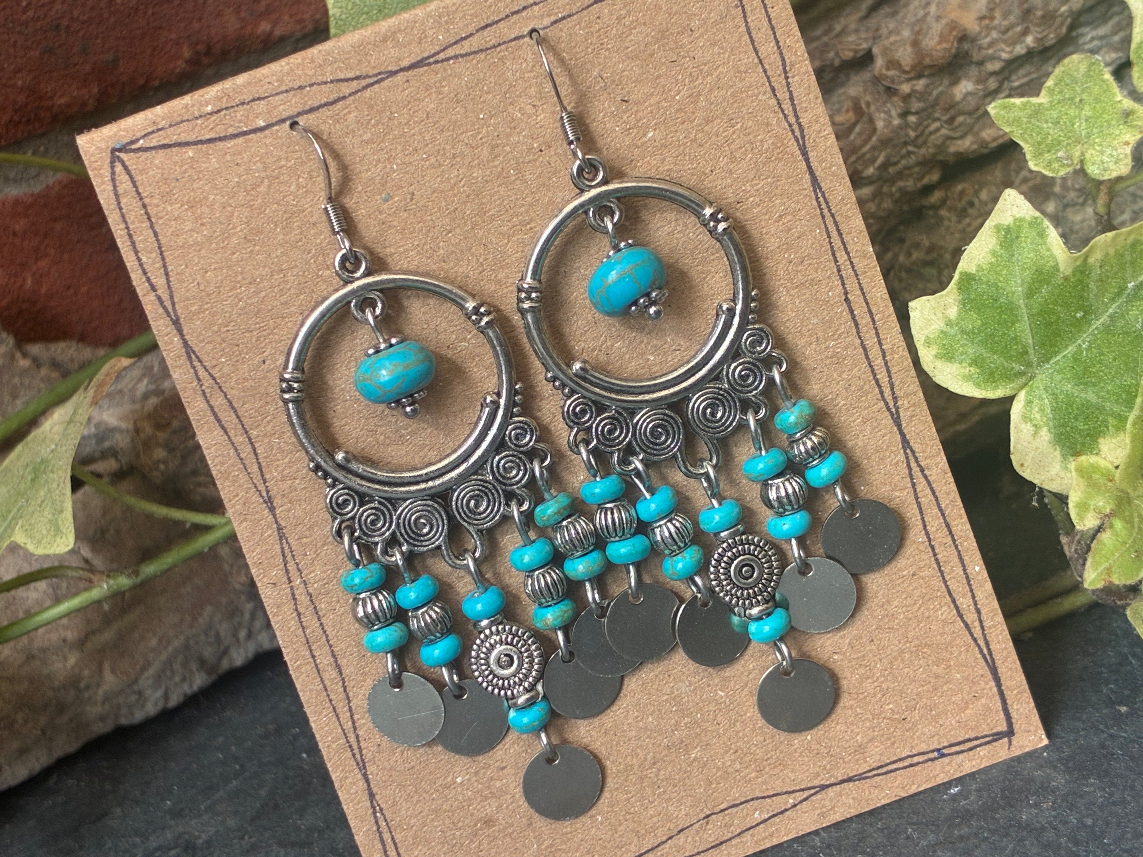Chandelier turquoise coloured beaded earrings