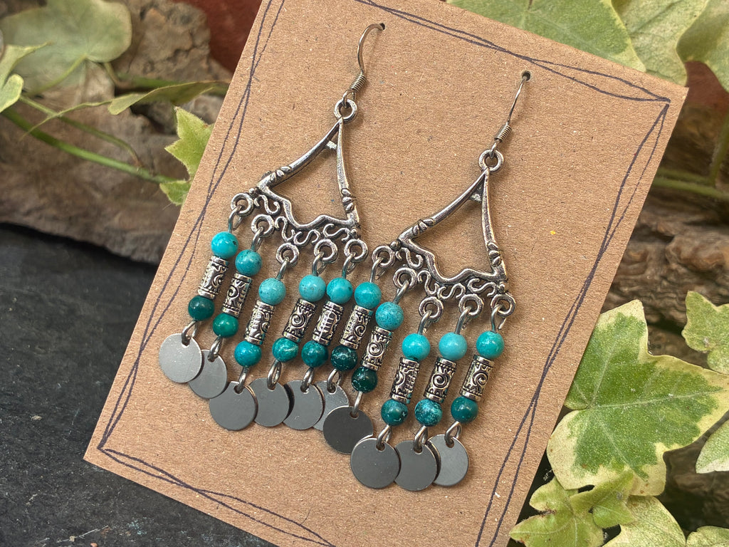 Chandelier teal coloured beaded earrings