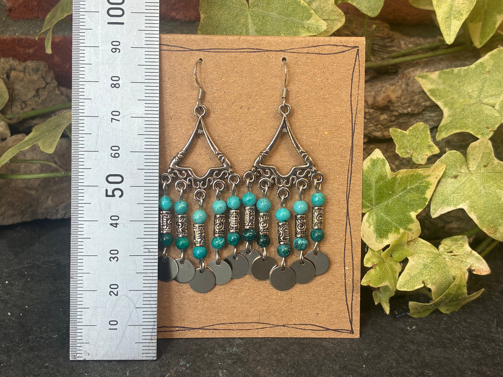 Chandelier teal coloured beaded earrings
