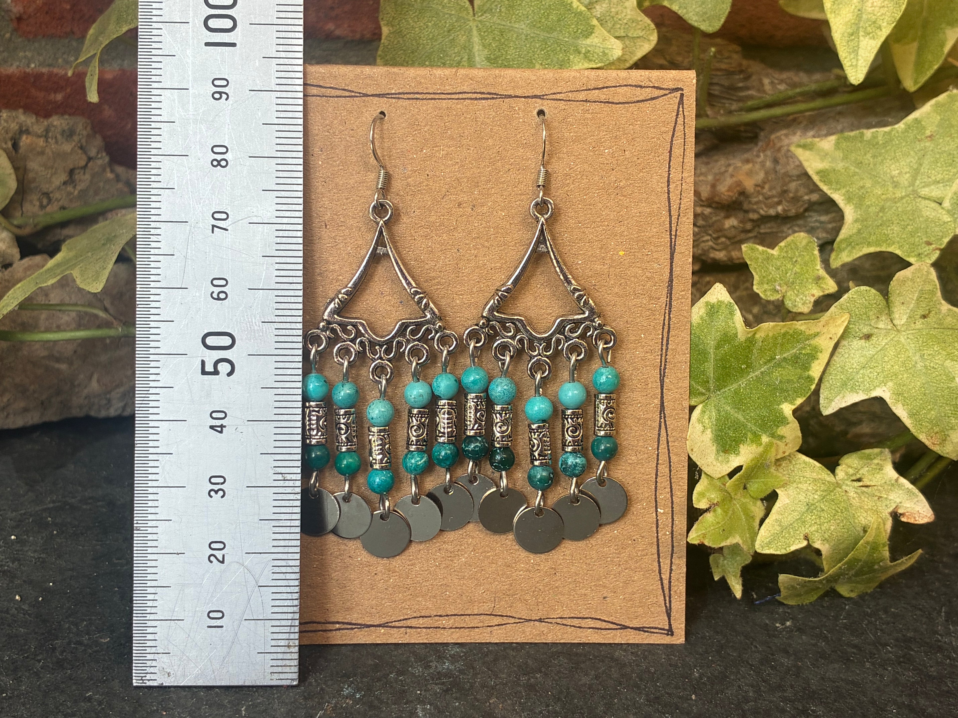 Chandelier teal coloured beaded earrings