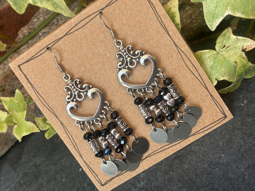 Chandelier black heart earrings
