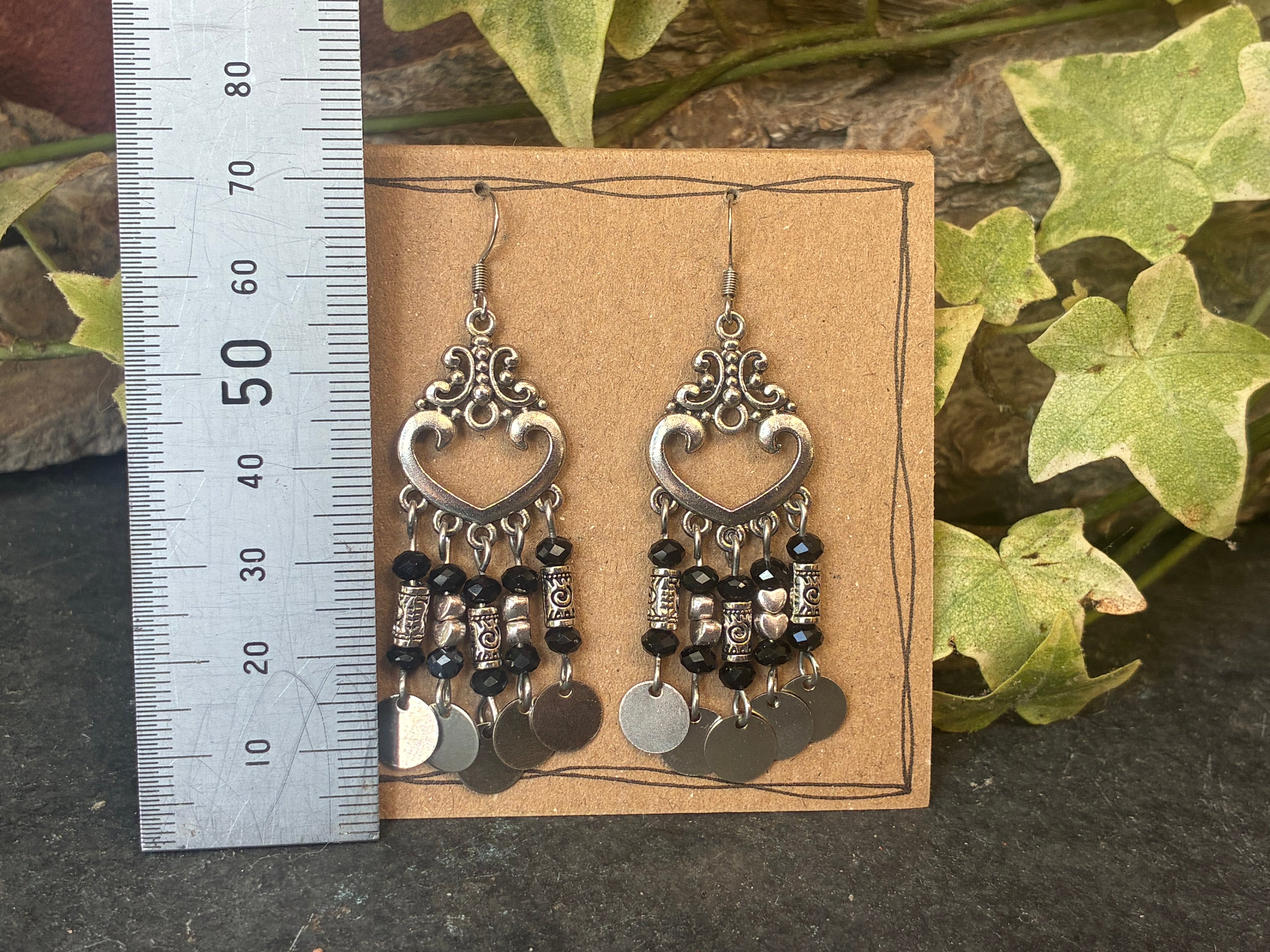 Chandelier black heart earrings