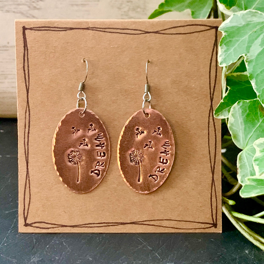 Wish earrings. Make a wish. Dandelion earrings. Stamped earrings. Copper earrings. Dream earrings #116