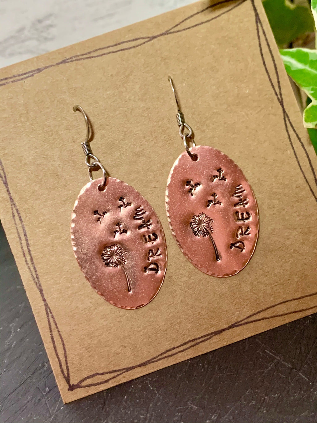 Wish earrings. Make a wish. Dandelion earrings. Stamped earrings. Copper earrings. Dream earrings #116