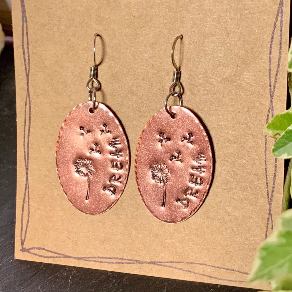 Wish earrings. Make a wish. Dandelion earrings. Stamped earrings. Copper earrings. Dream earrings #116