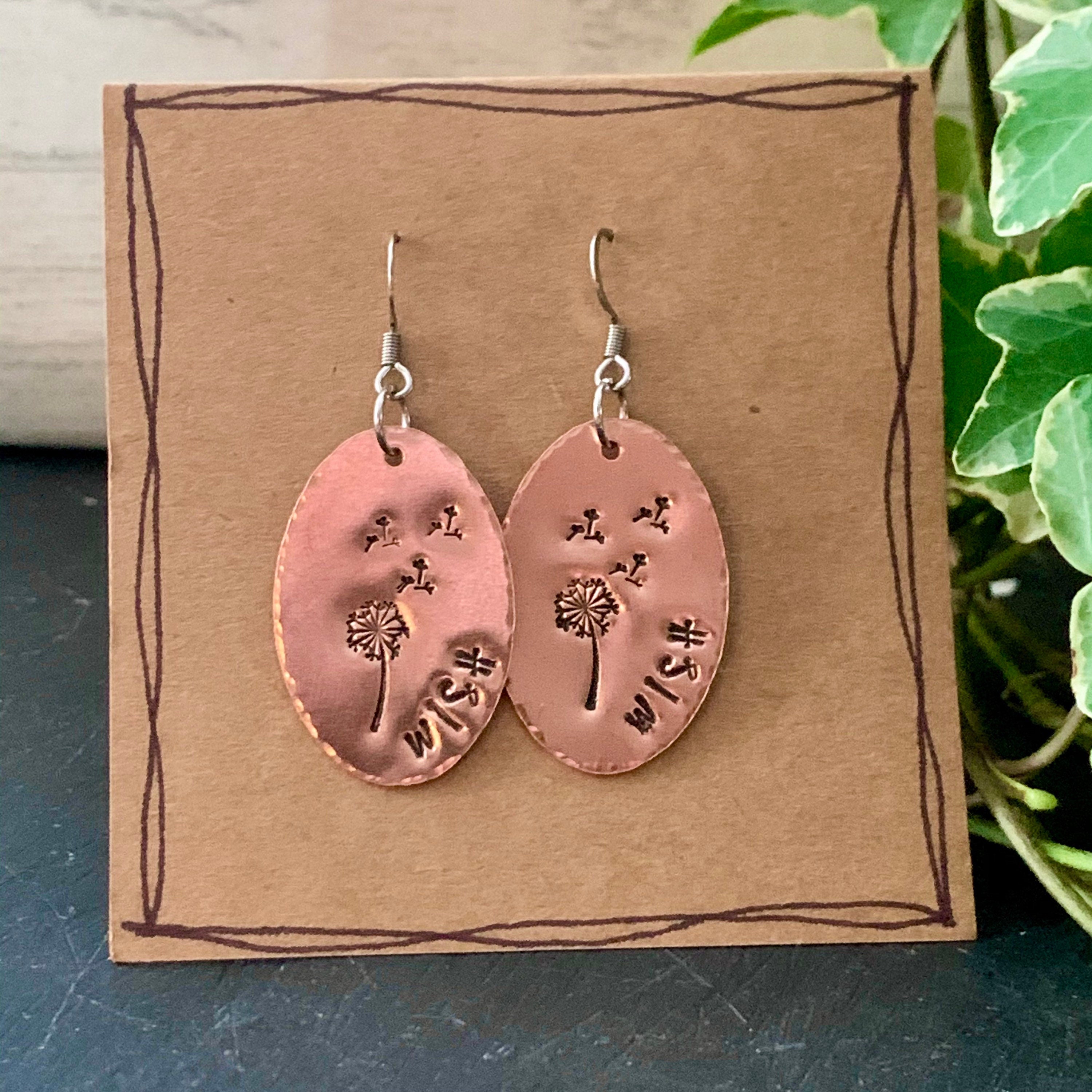 Wish earrings. Make a wish. Dandelion earrings. Stamped earrings. Copper earrings. Dream earrings #116