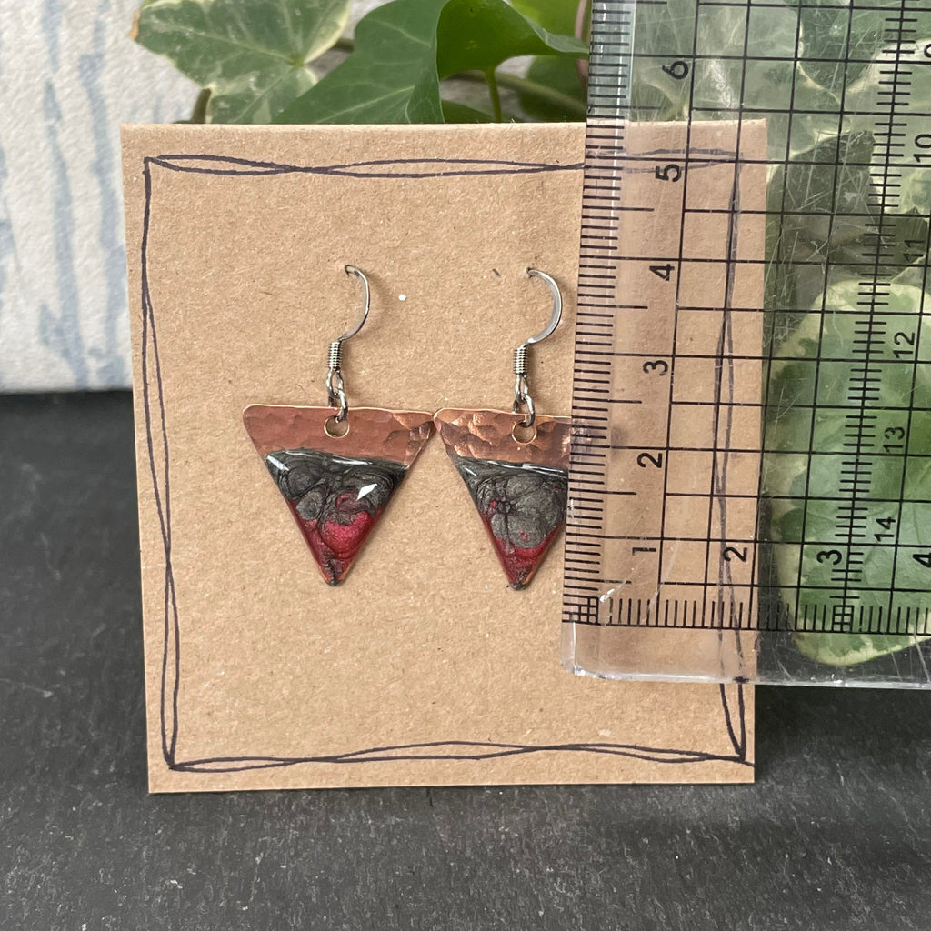 Copper and red dangle earrings. Recycled copper earrings. Triangle earrings #110