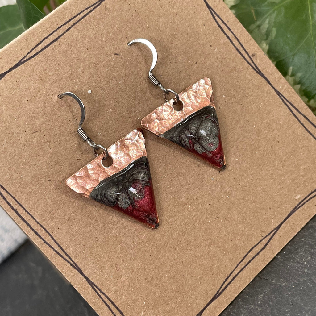 Copper and red dangle earrings. Recycled copper earrings. Triangle earrings #110