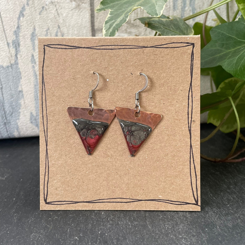 Copper and red dangle earrings. Recycled copper earrings. Triangle earrings #110