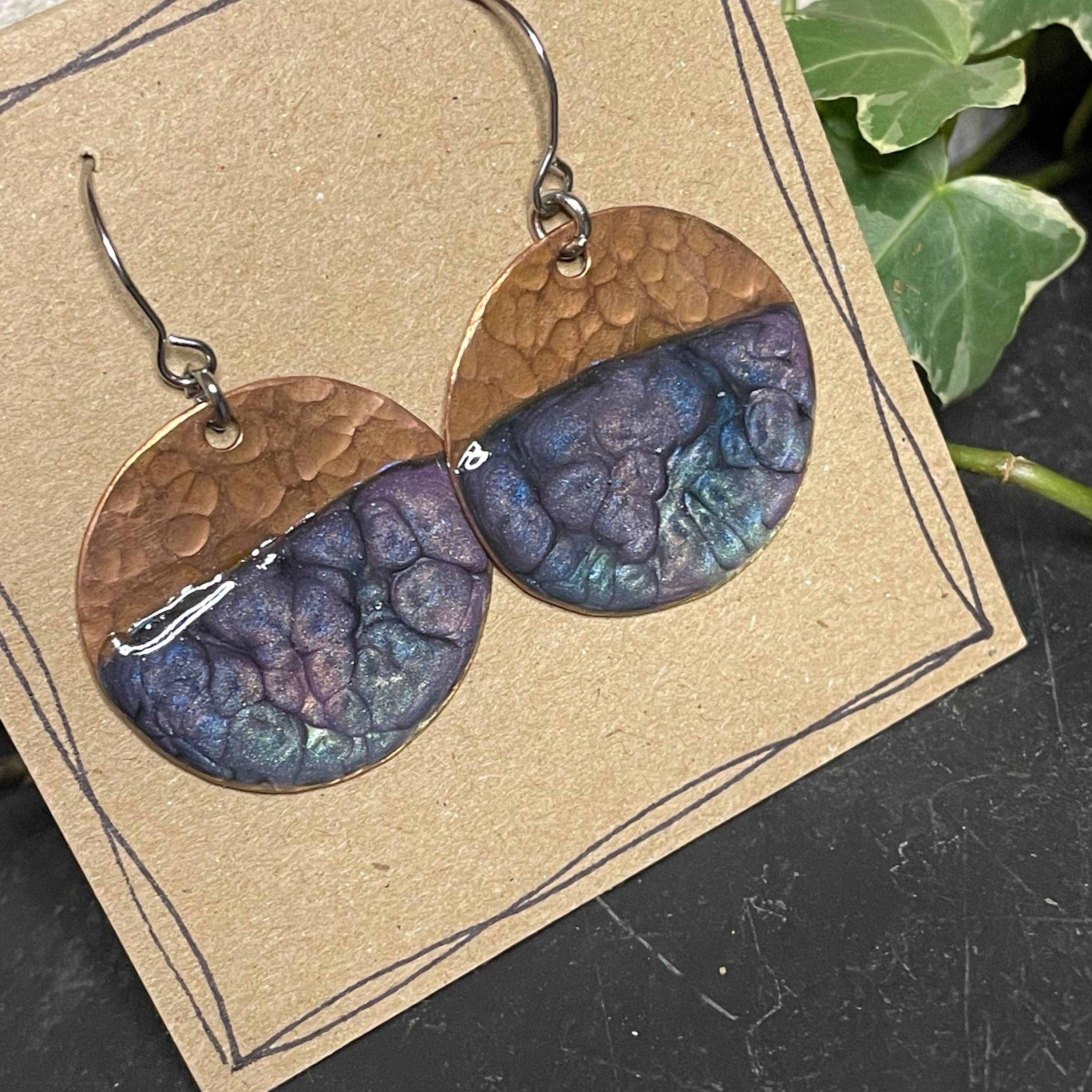 Copper and blue/purple dangle earrings. Recycled copper earrings. Disc earrings #14