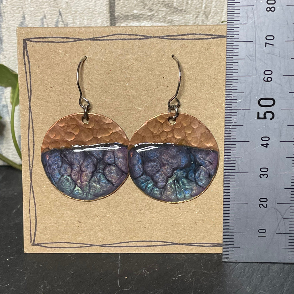 Copper and blue/purple dangle earrings. Recycled copper earrings. Disc earrings #14