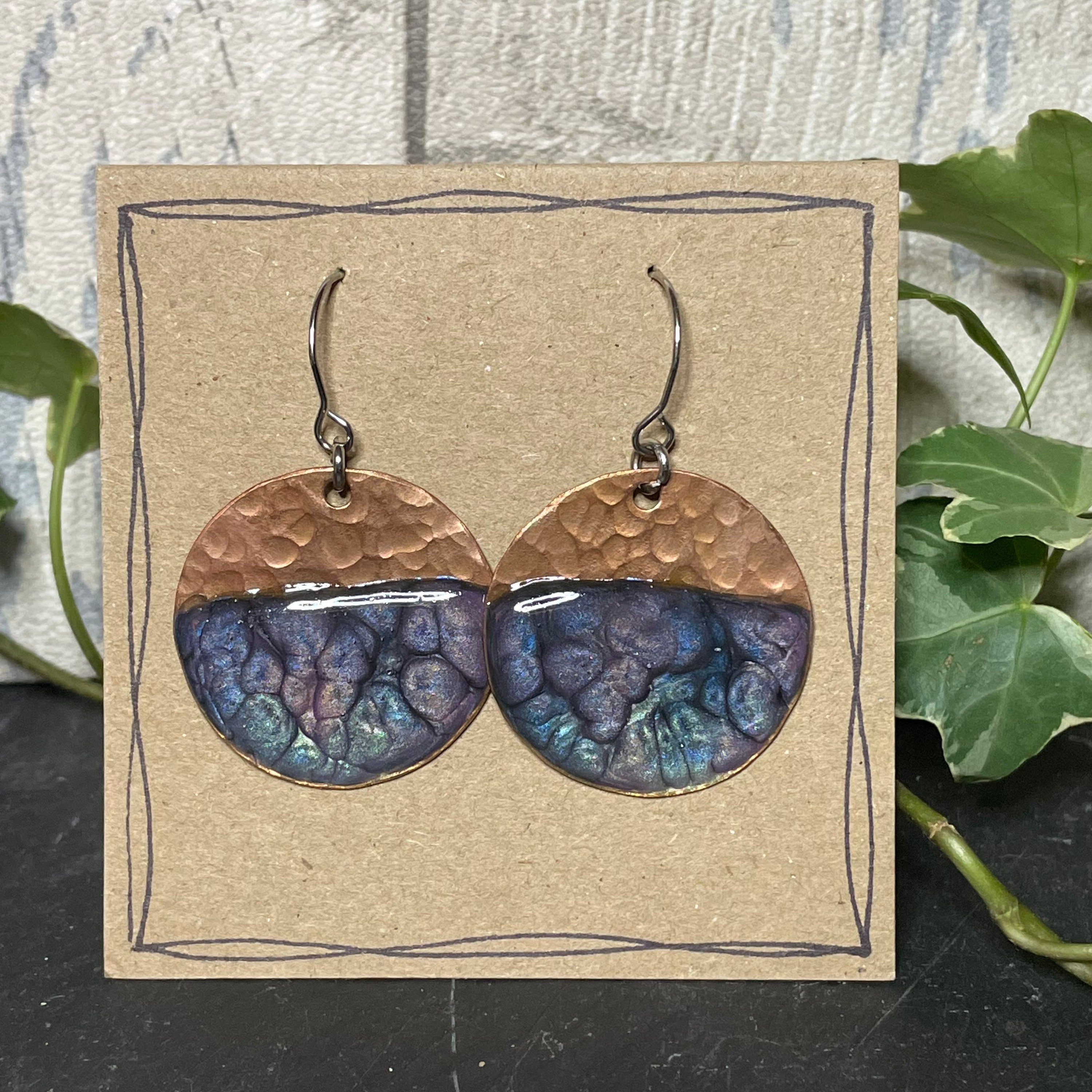 Copper and blue/purple dangle earrings. Recycled copper earrings. Disc earrings #14