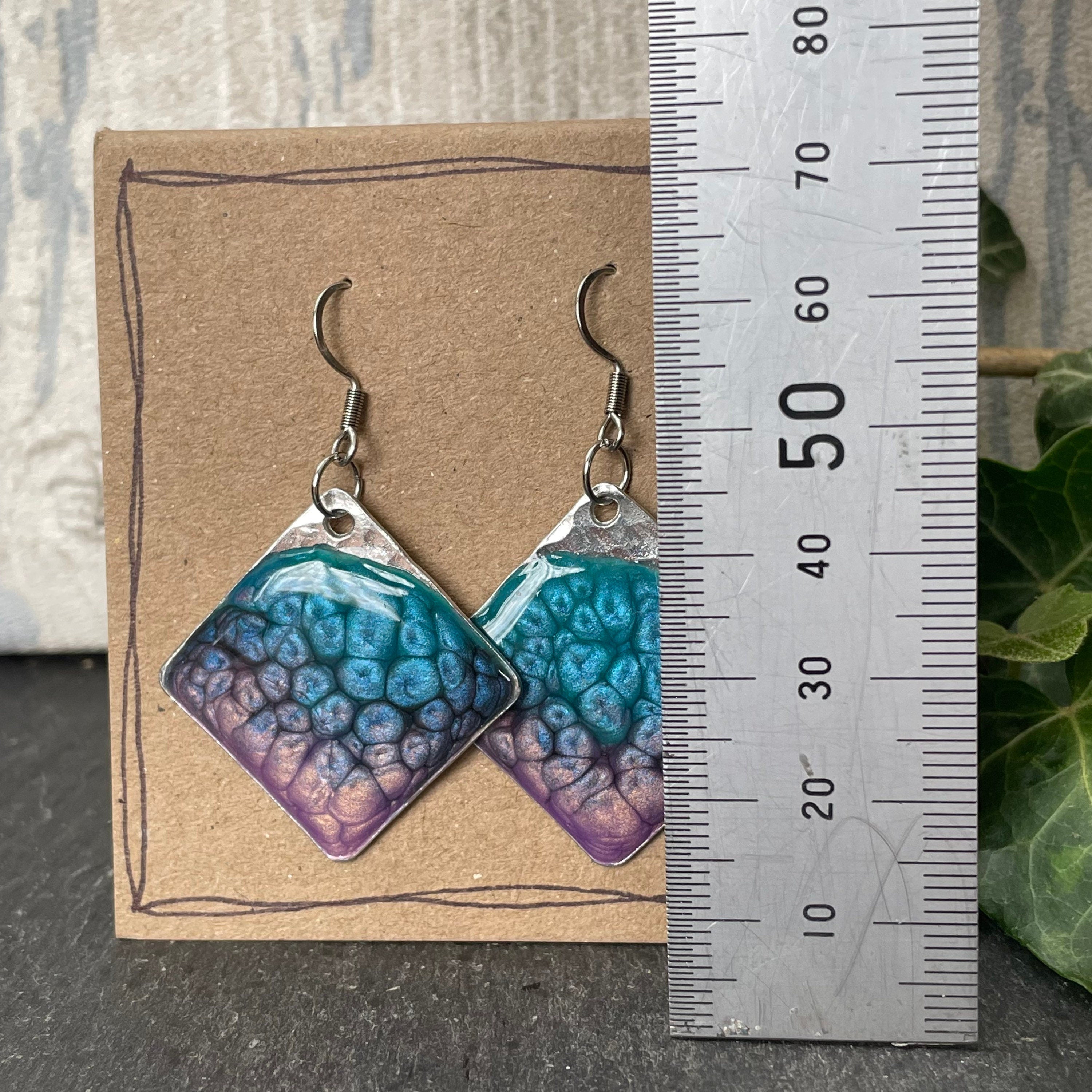 Painted blue earrings with stainless steel earring hooks. Blue and purple earrings #114