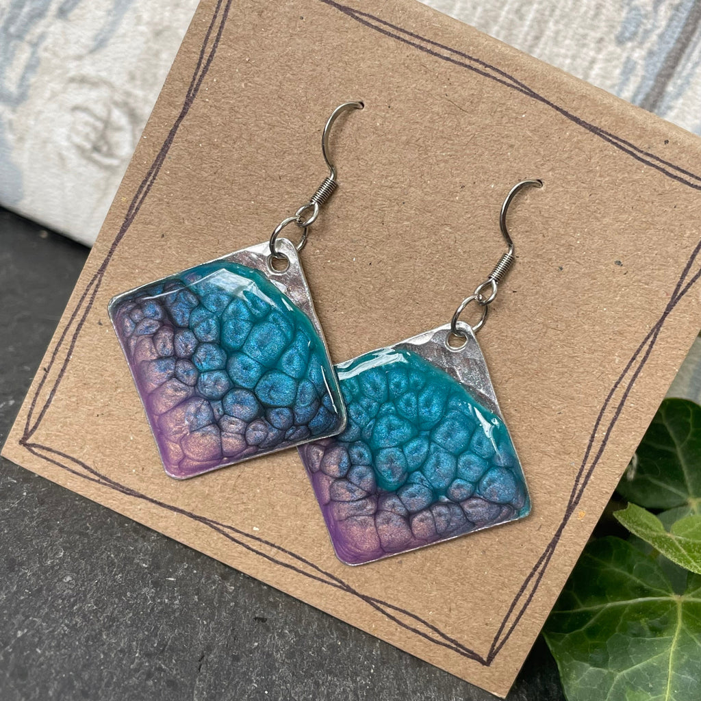 Painted blue earrings with stainless steel earring hooks. Blue and purple earrings #114