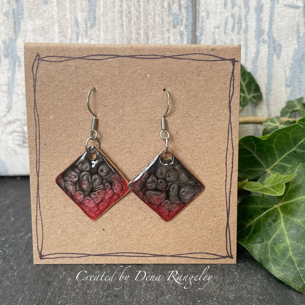 Copper and red dangle earrings. Recycled copper earrings. Red earrings #113