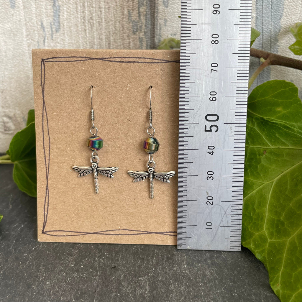 Rainbow hematite earrings. Dragonfly earrings #128