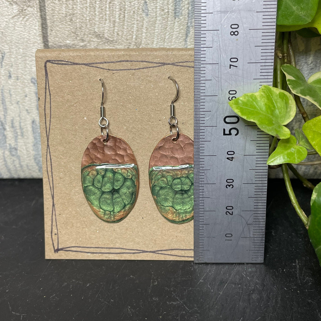 Copper and green dangle earrings. Recycled copper earrings #105