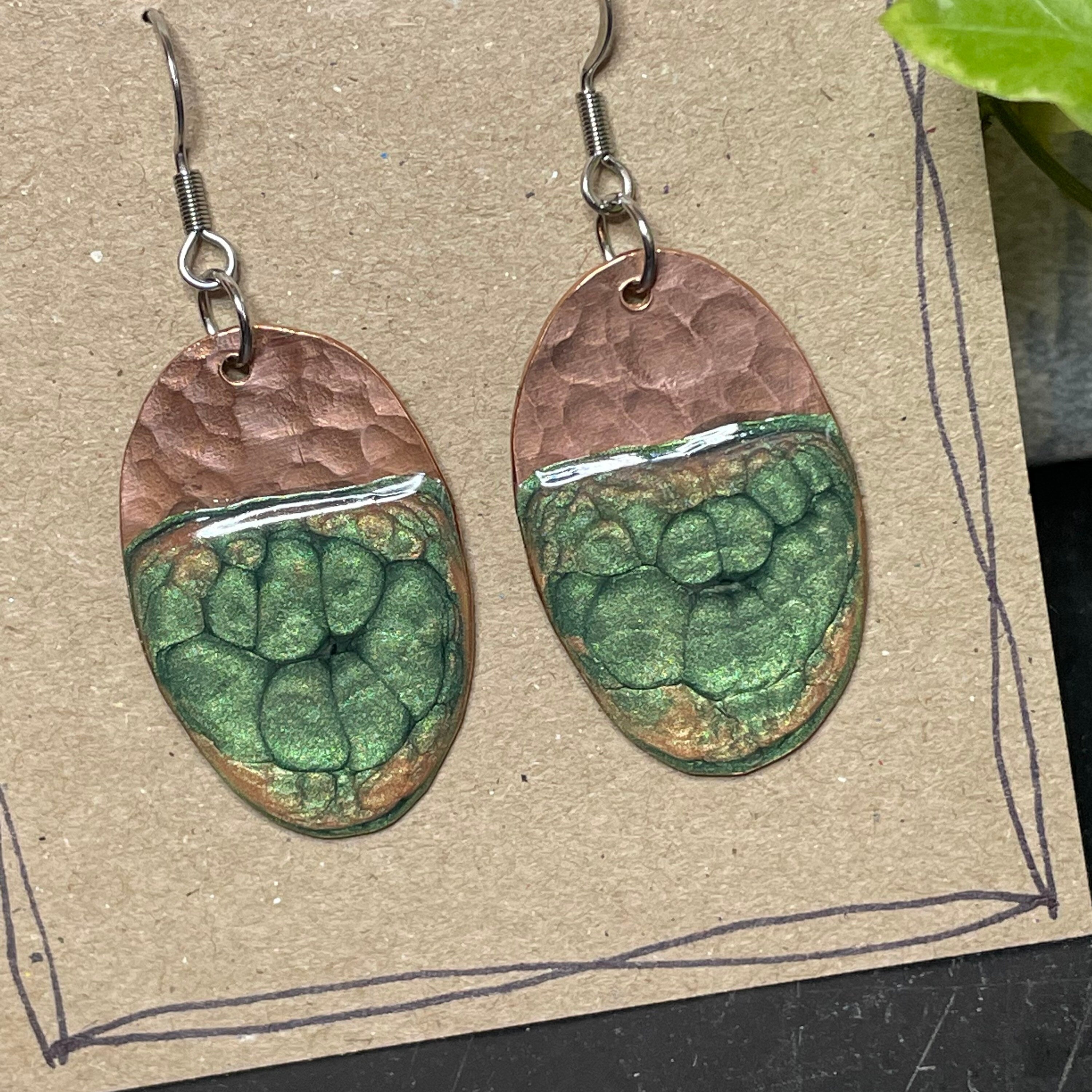 Copper and green dangle earrings. Recycled copper earrings #105
