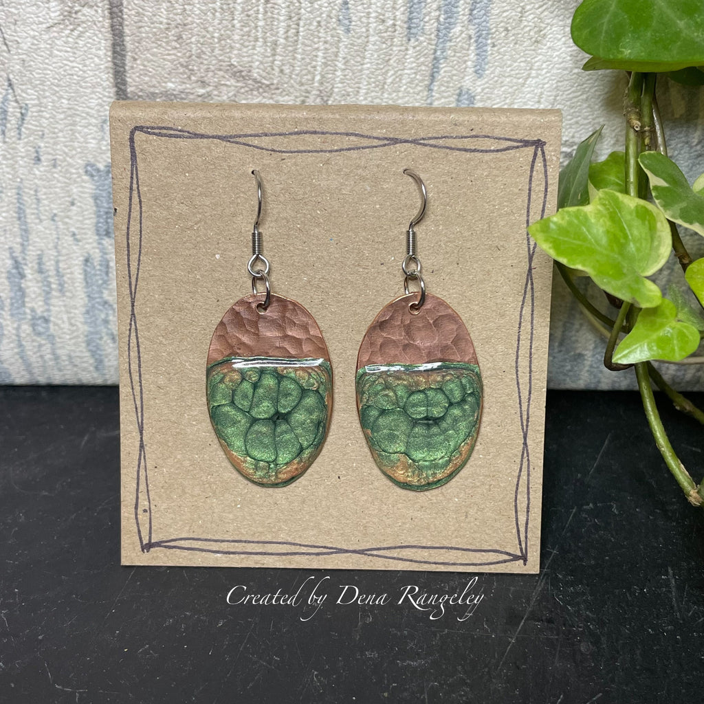Copper and green dangle earrings. Recycled copper earrings #105