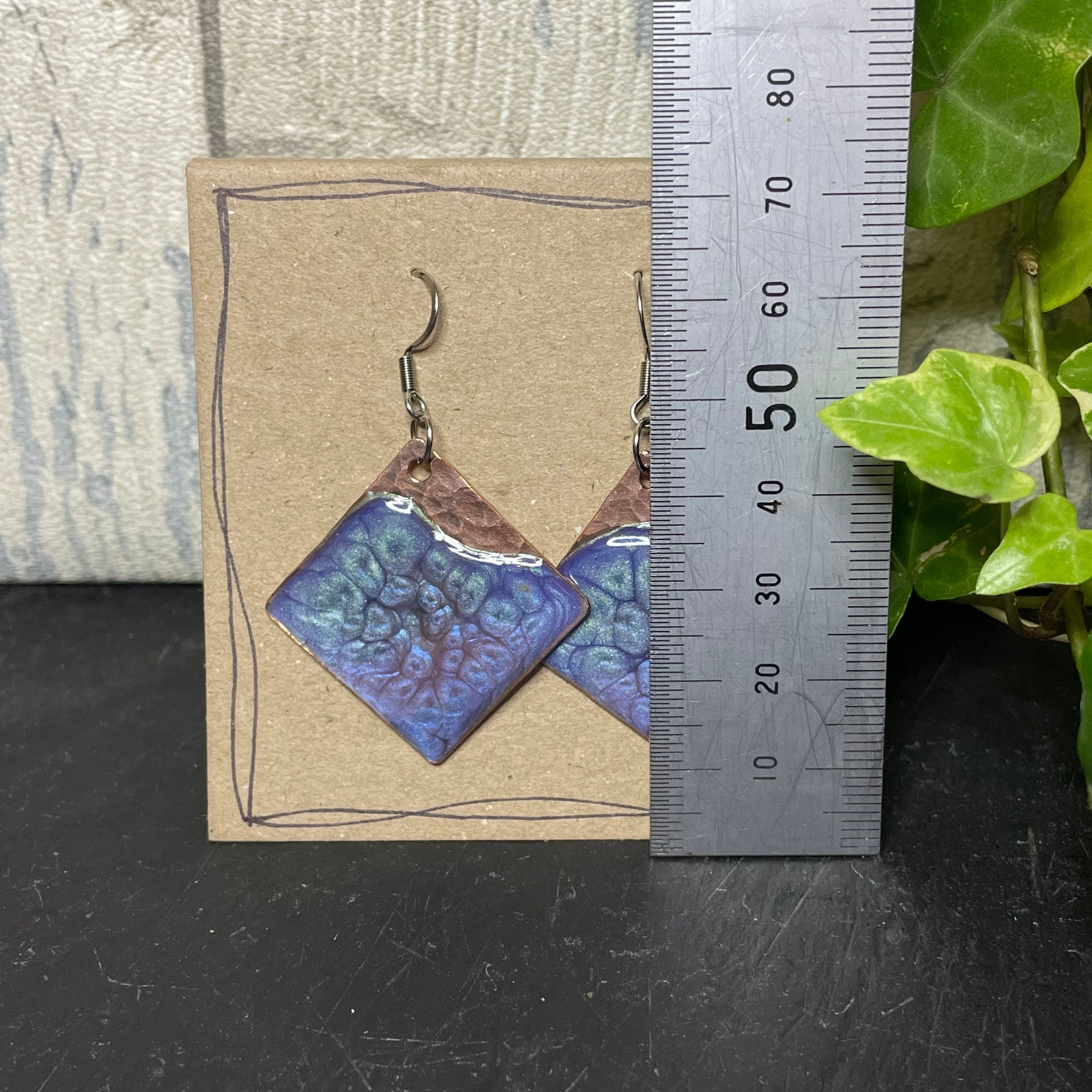 Copper and blue dangle earrings. Recycled copper earrings#107