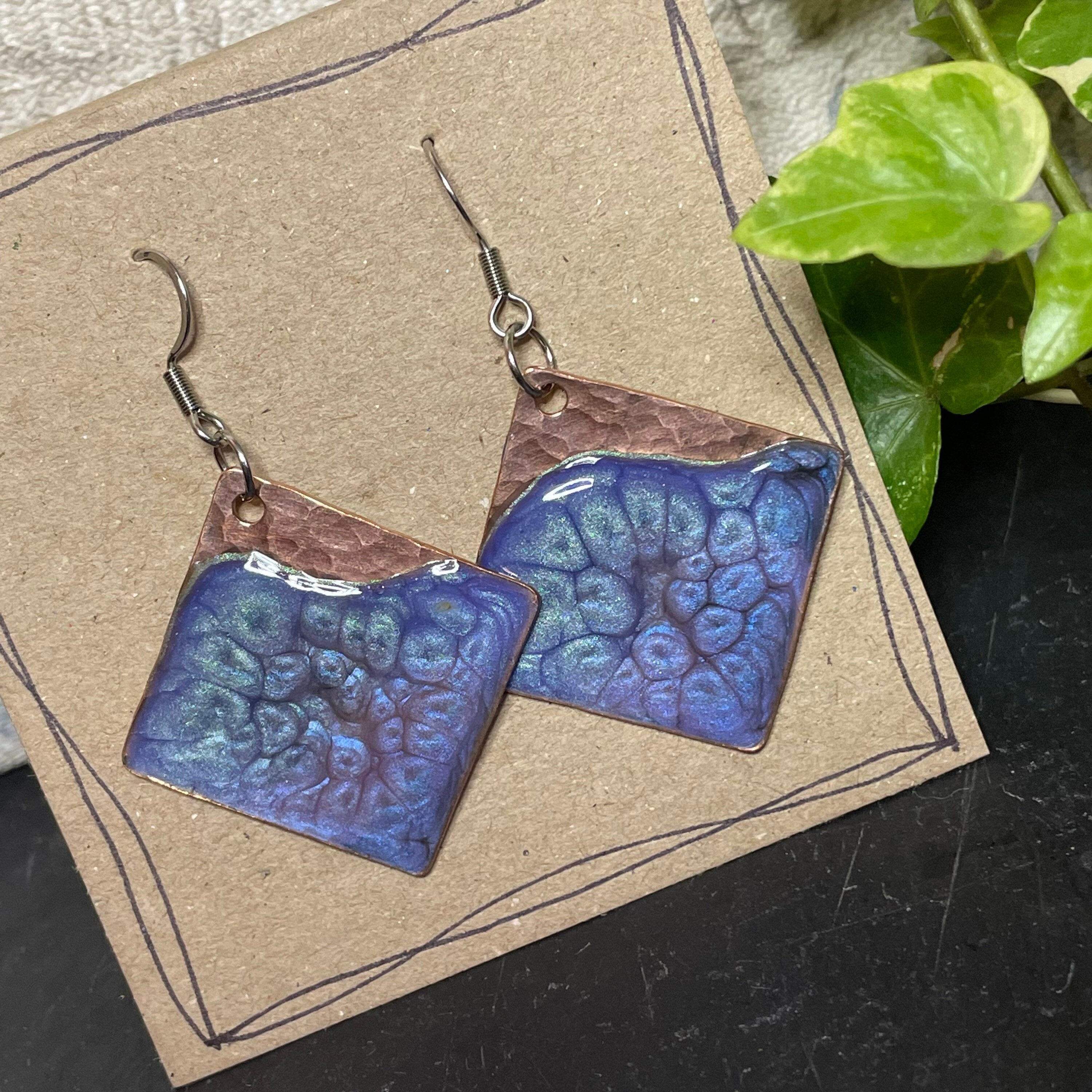 Copper and blue dangle earrings. Recycled copper earrings#107
