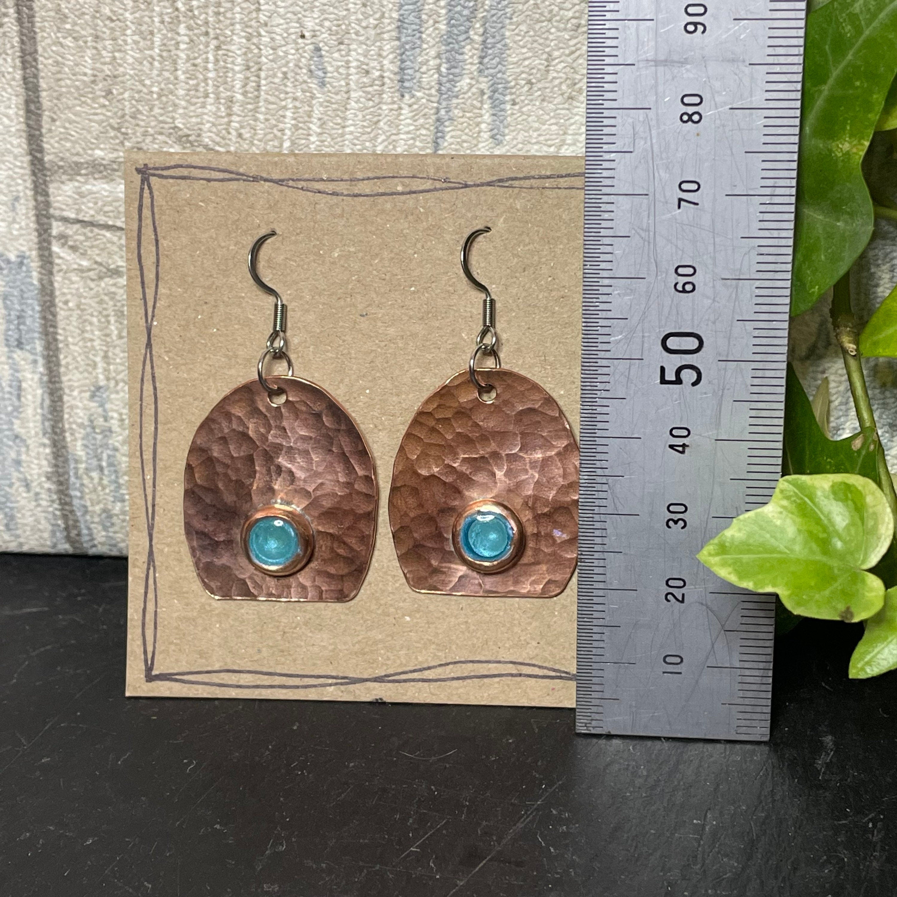 Blue earrings. Hand painted earrings. Recycled copper earrings #104