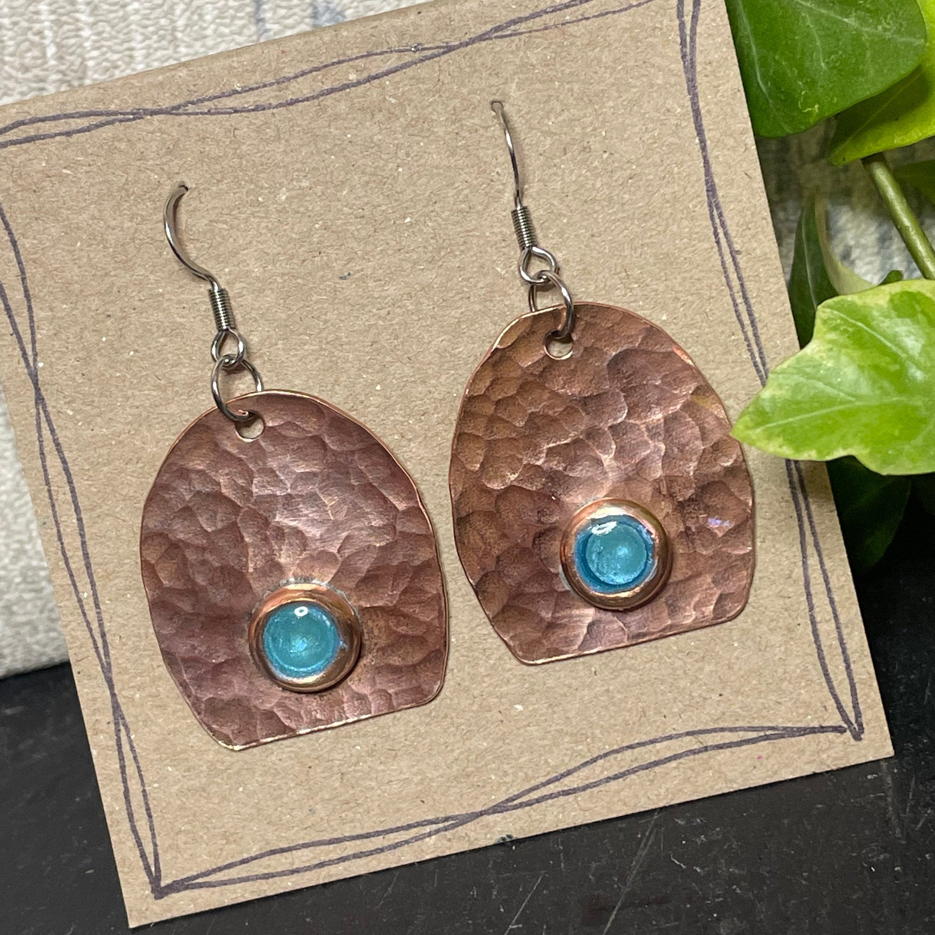 Blue earrings. Hand painted earrings. Recycled copper earrings #104