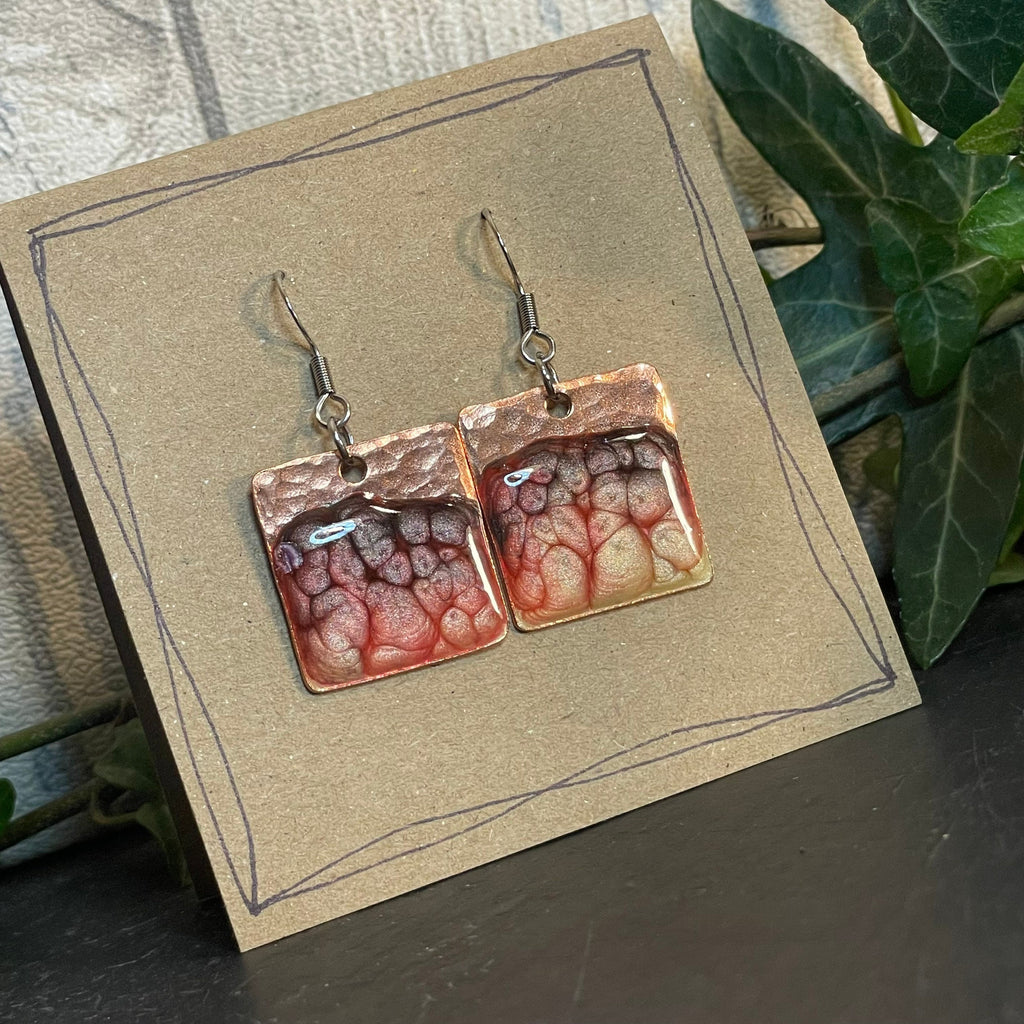 Copper and red/onyx dangle earrings. Recycled copper earrings #6