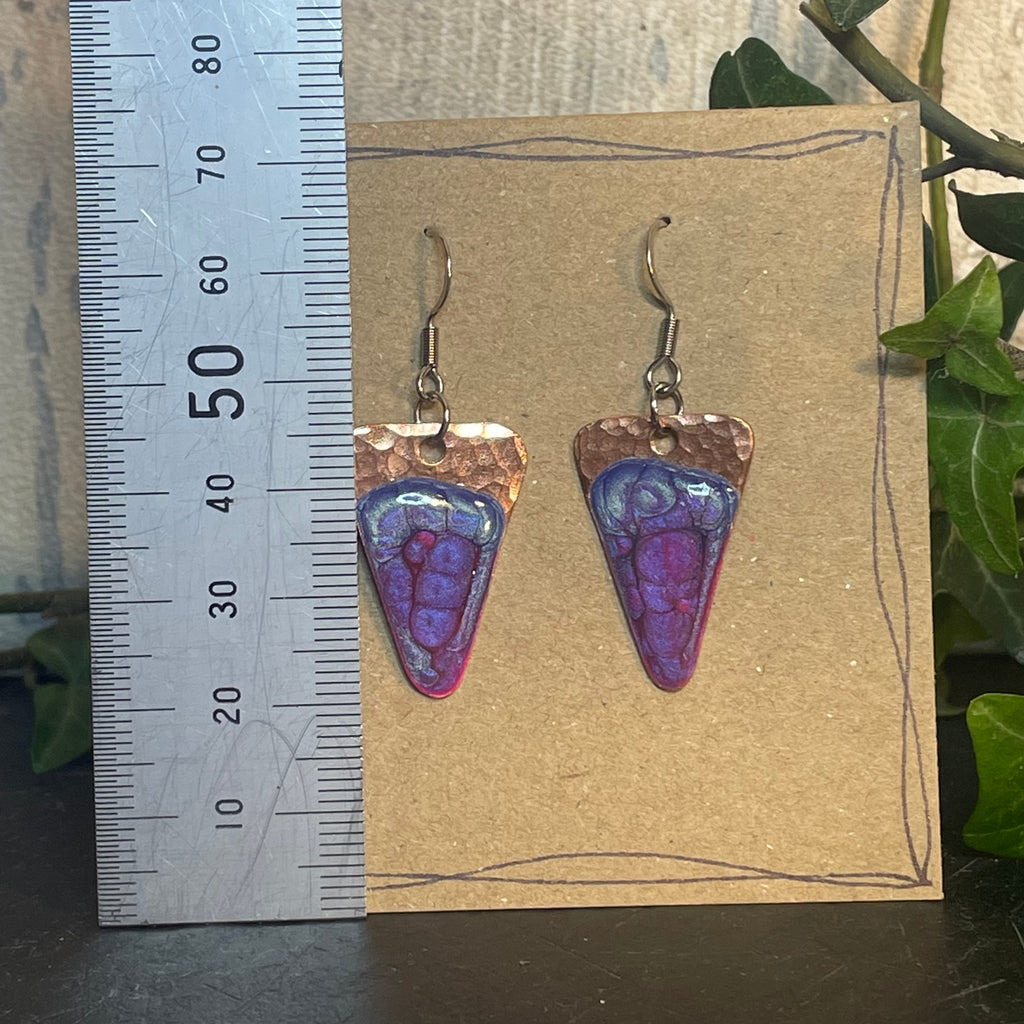 Copper and purple dangle earrings. Recycled copper earrings. Triangle earrings #2
