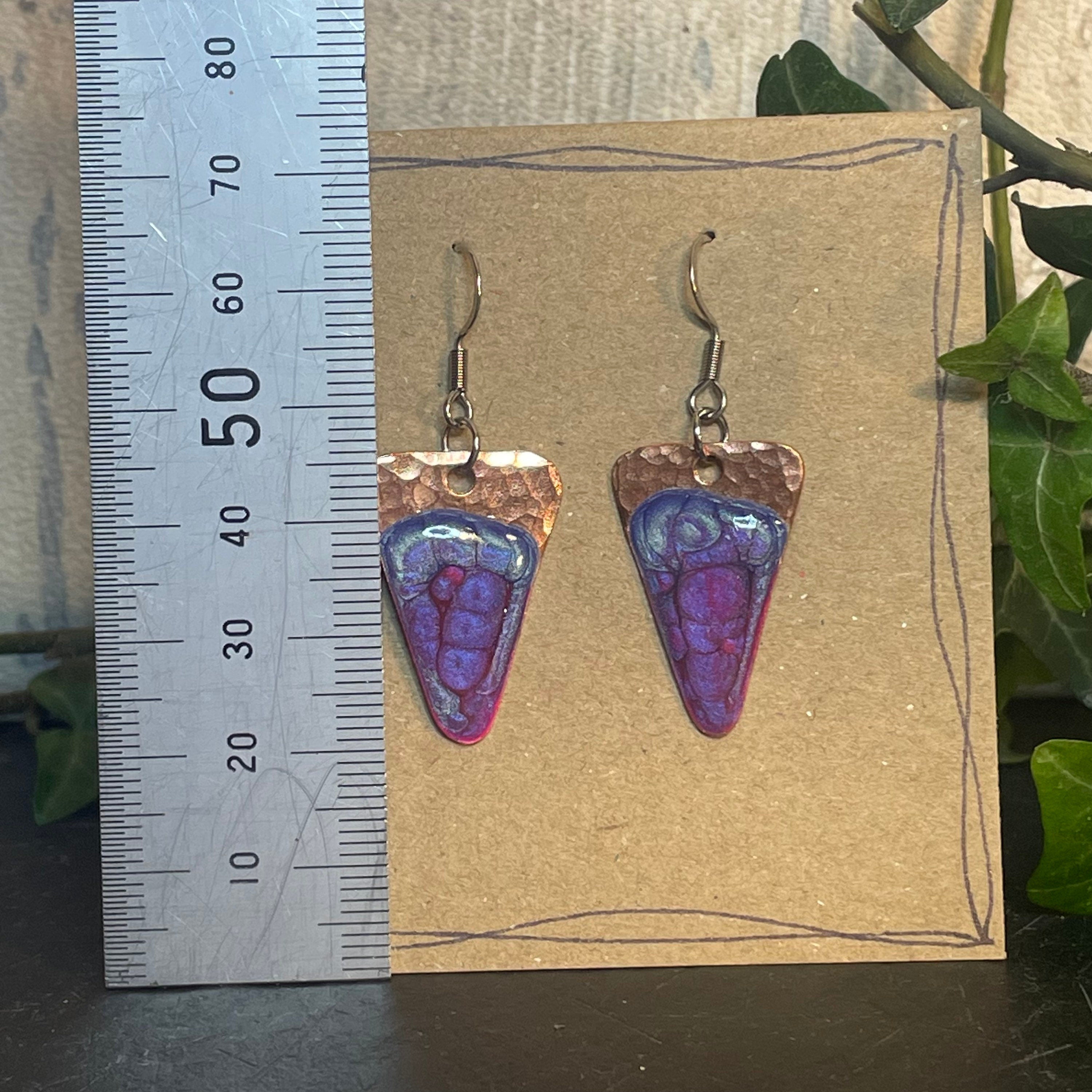 Copper and purple dangle earrings. Recycled copper earrings. Triangle earrings #2