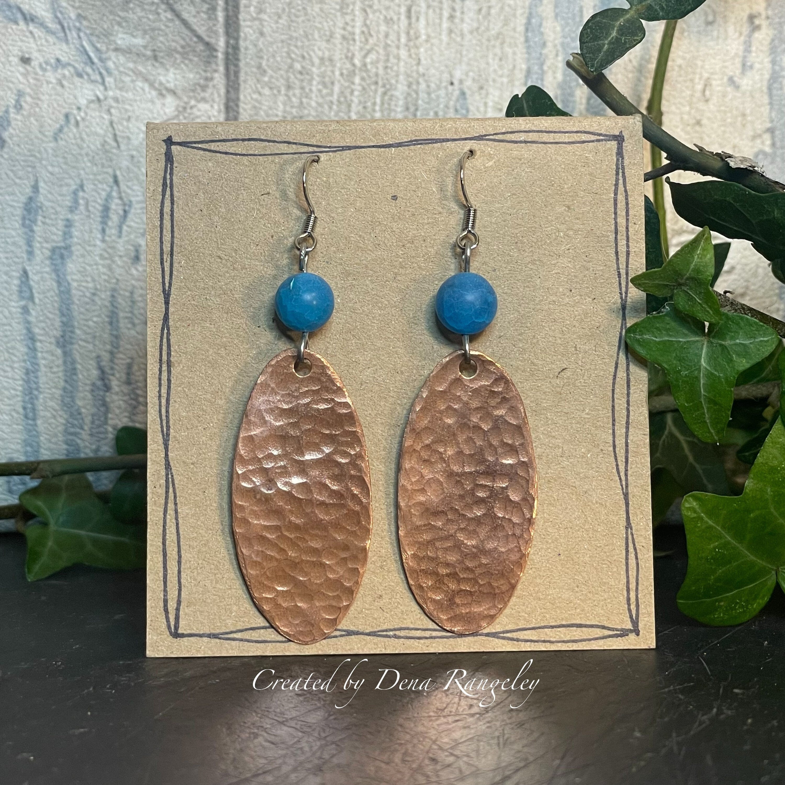 Blue and copper earrings. Hammered copper earrings. Oval earrings #11