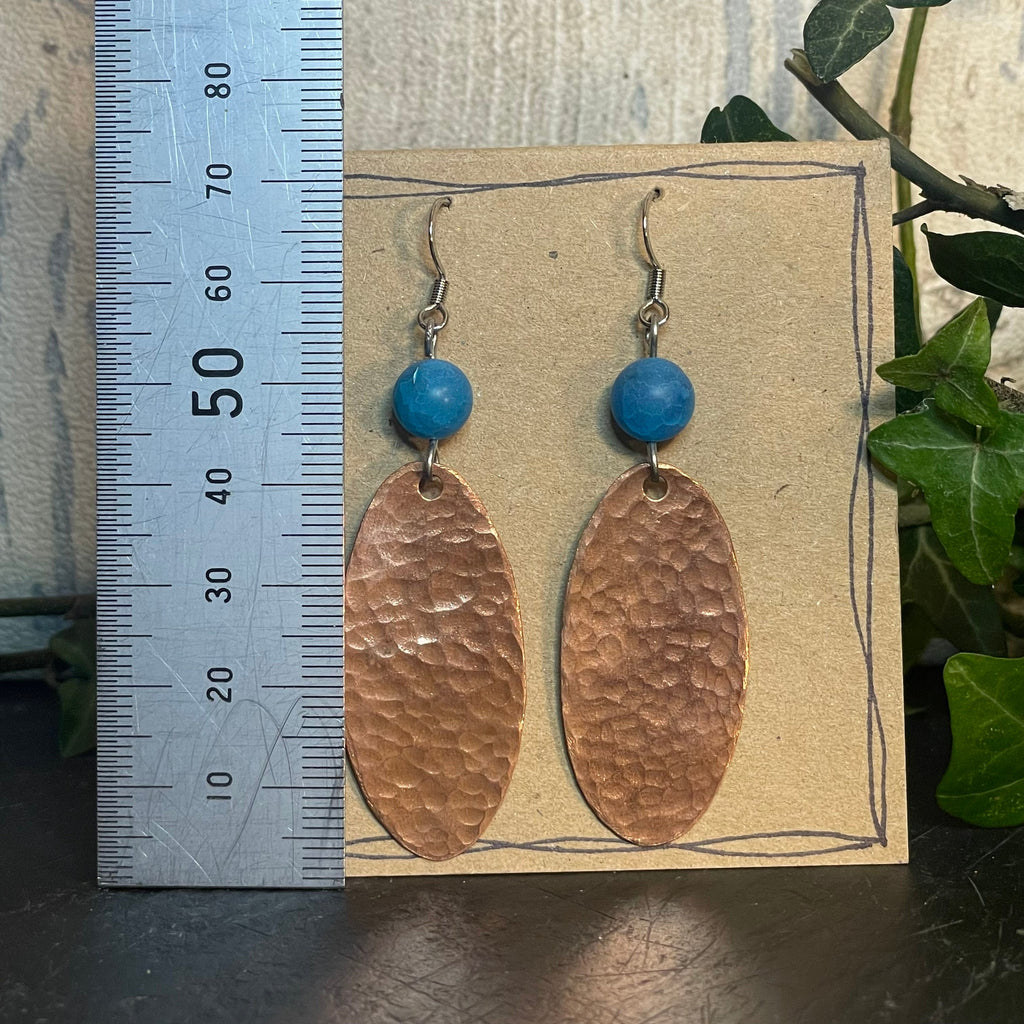 Blue and copper earrings. Hammered copper earrings. Oval earrings #11