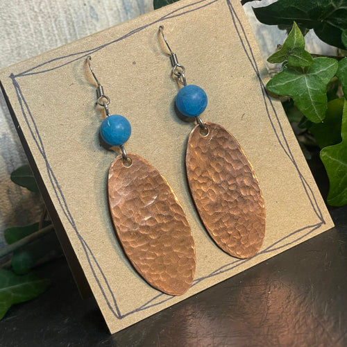 Blue and copper earrings. Hammered copper earrings. Oval earrings #11