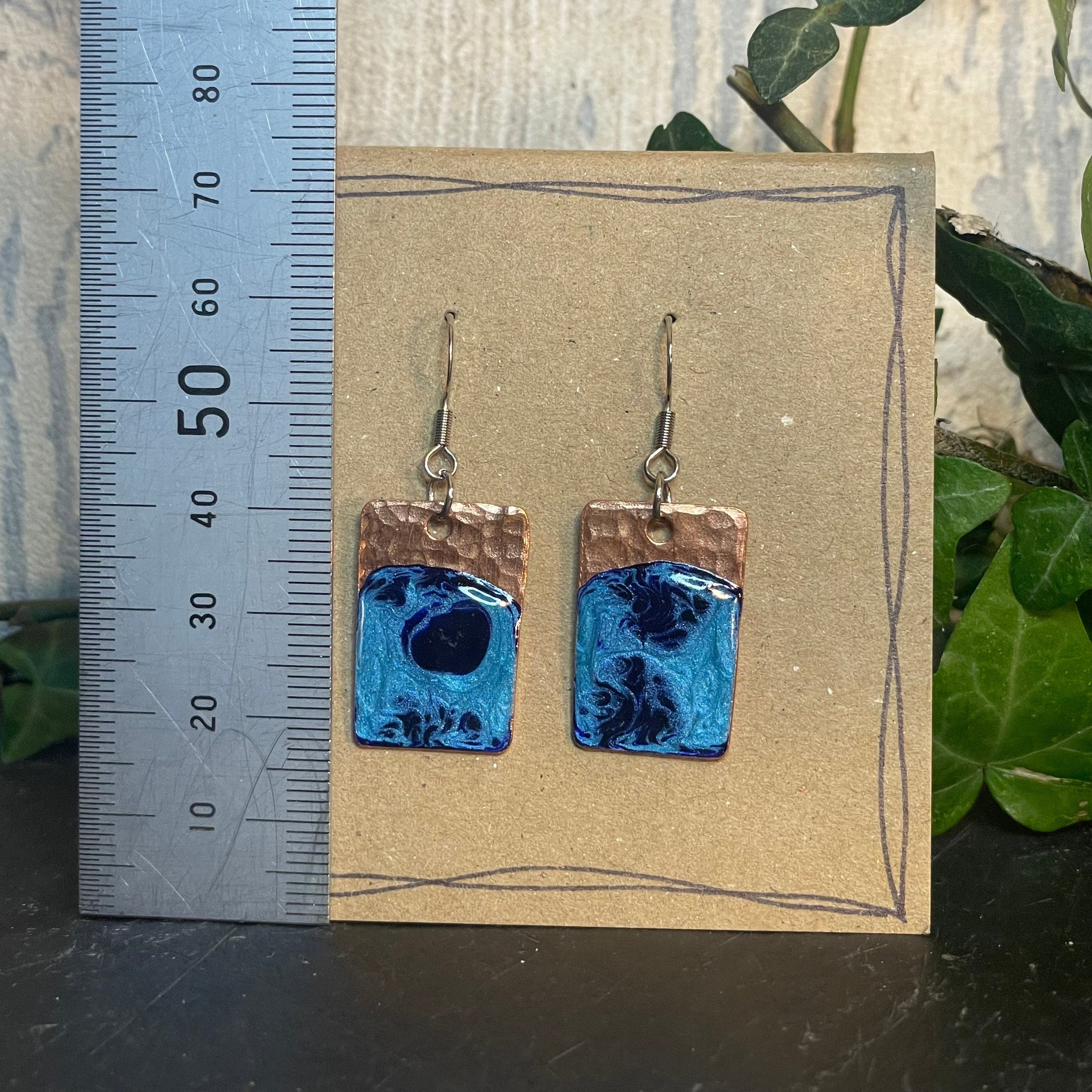 Copper and blue dangle earrings. Recycled copper earrings. #12