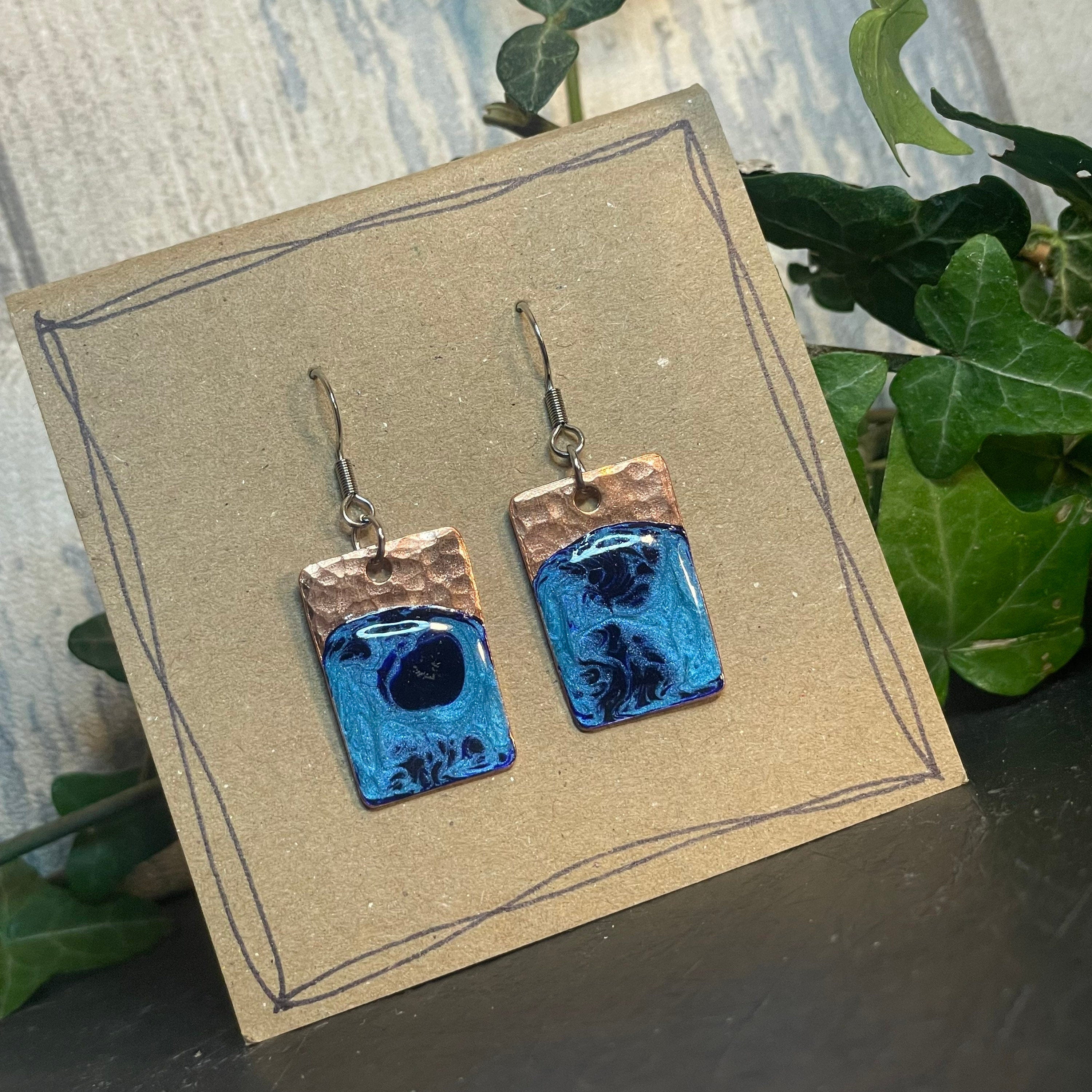 Copper and blue dangle earrings. Recycled copper earrings. #12