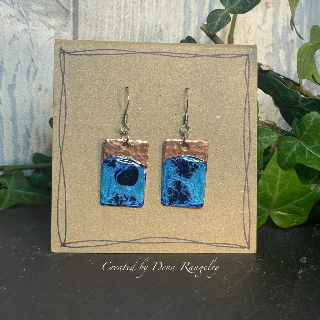 Copper and blue dangle earrings. Recycled copper earrings. #12