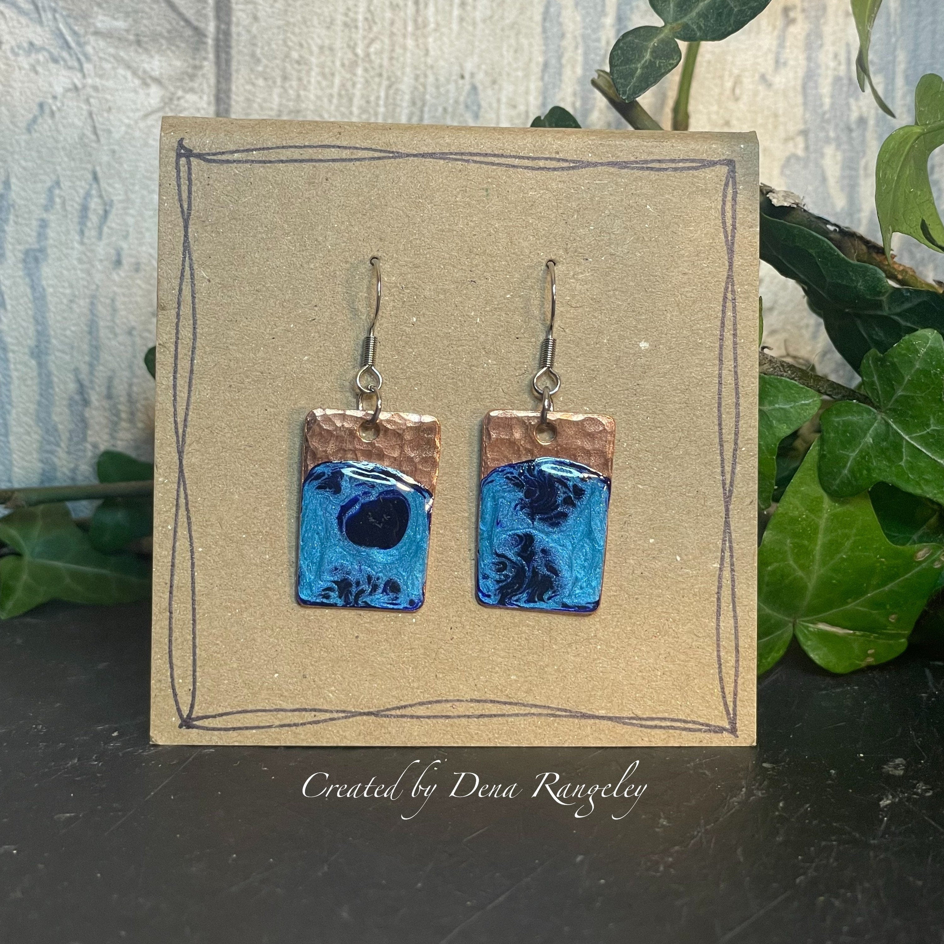 Copper and blue dangle earrings. Recycled copper earrings. #12