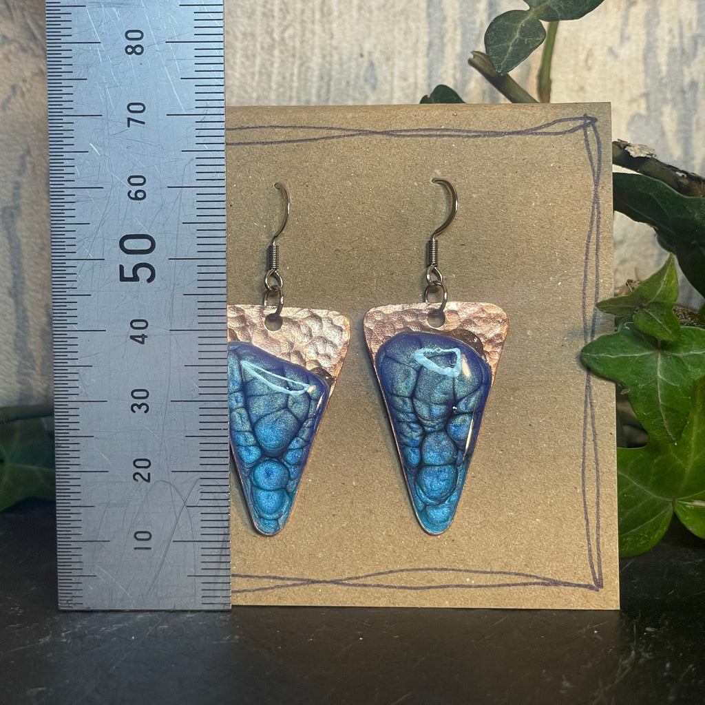 Copper and blue dangle earrings. Recycled copper earrings. Triangle earrings #27
