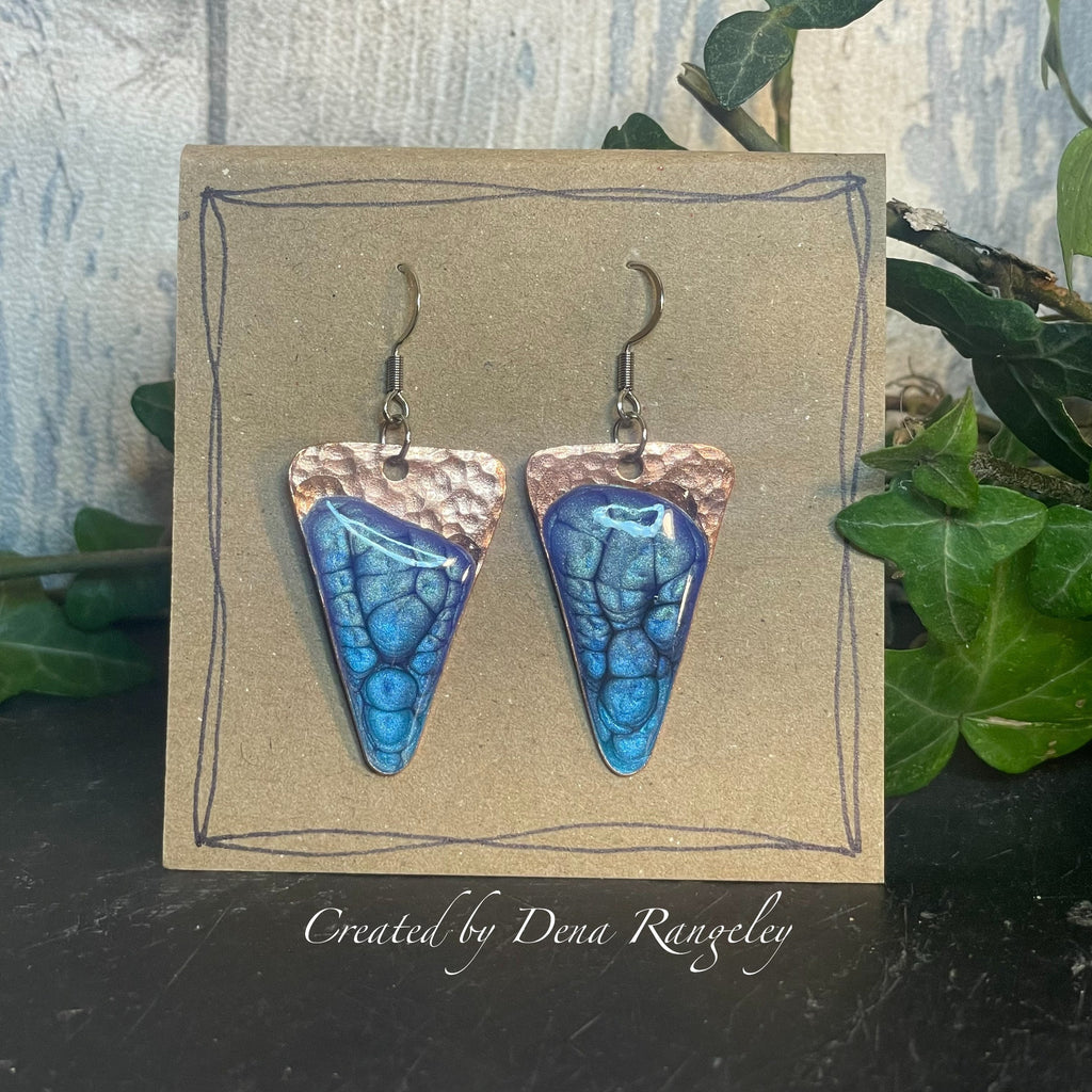 Copper and blue dangle earrings. Recycled copper earrings. Triangle earrings #27