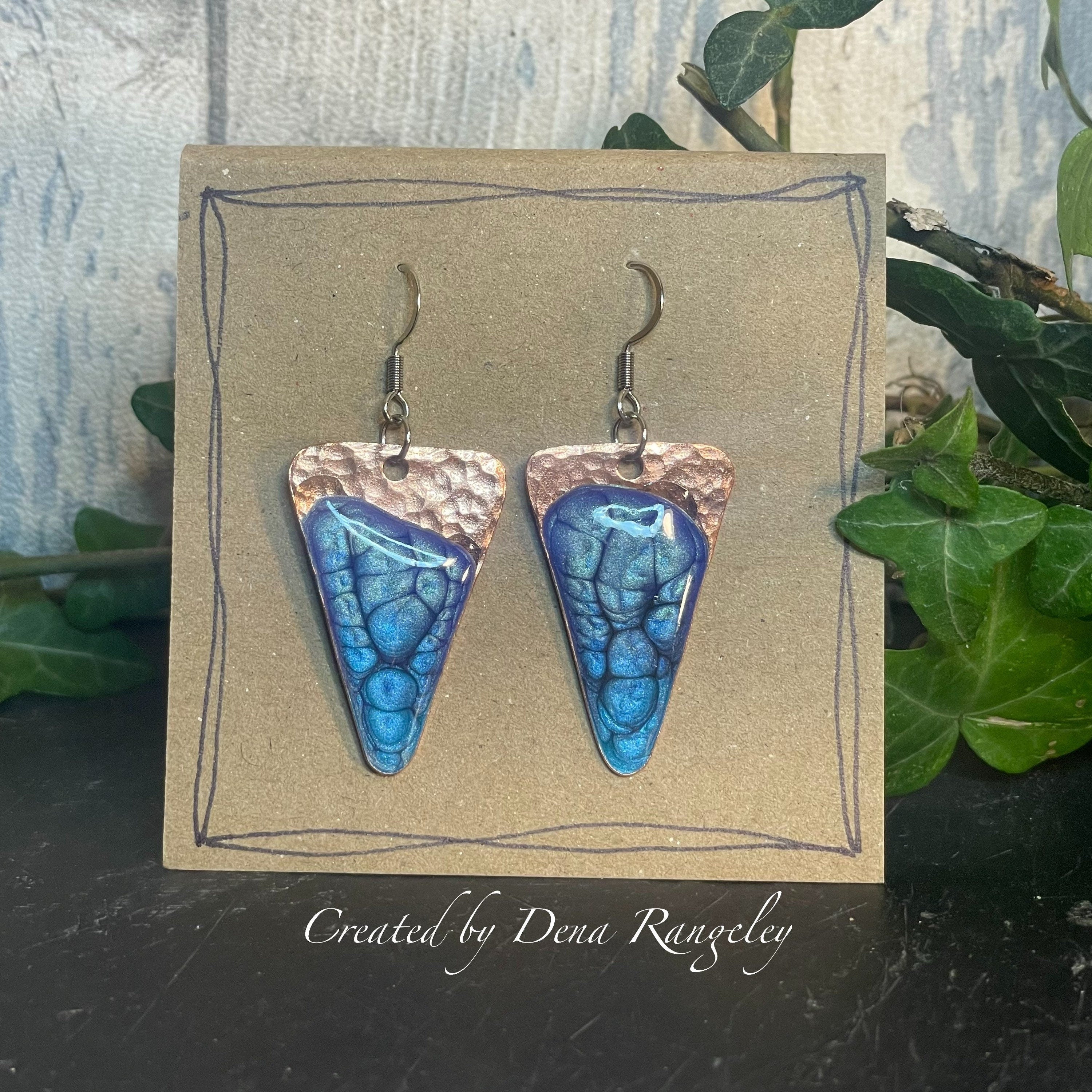 Copper and blue dangle earrings. Recycled copper earrings. Triangle earrings #27