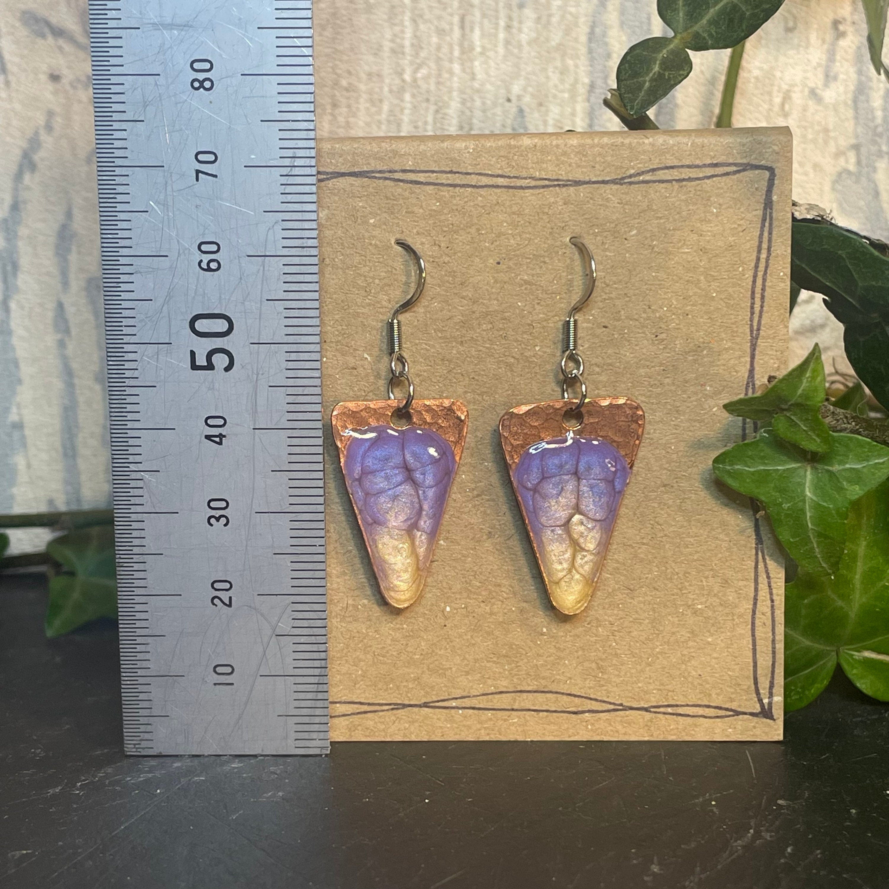 Copper dangle earrings. Recycled copper earrings. Triangle earrings. Lilac earrings #24