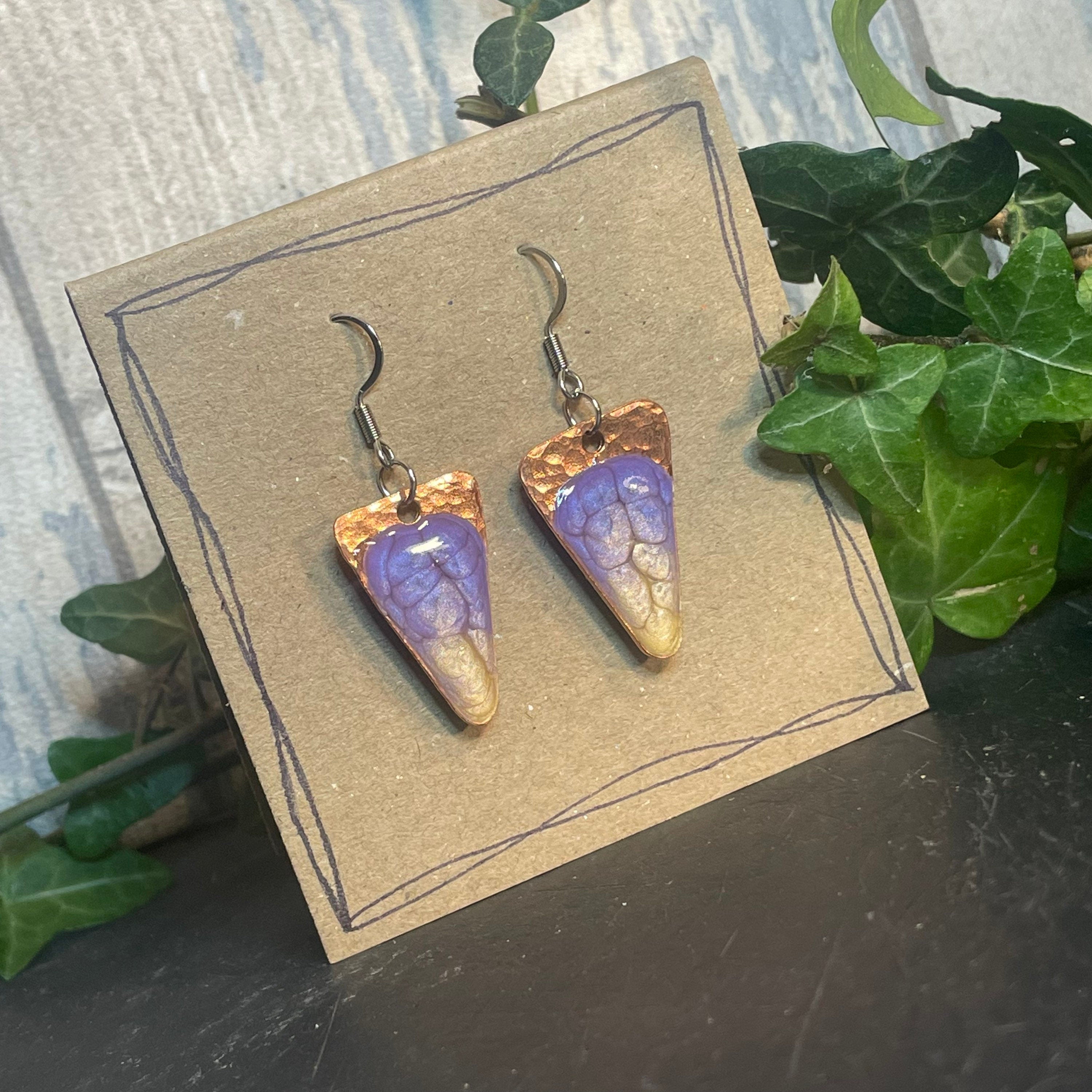 Copper dangle earrings. Recycled copper earrings. Triangle earrings. Lilac earrings #24
