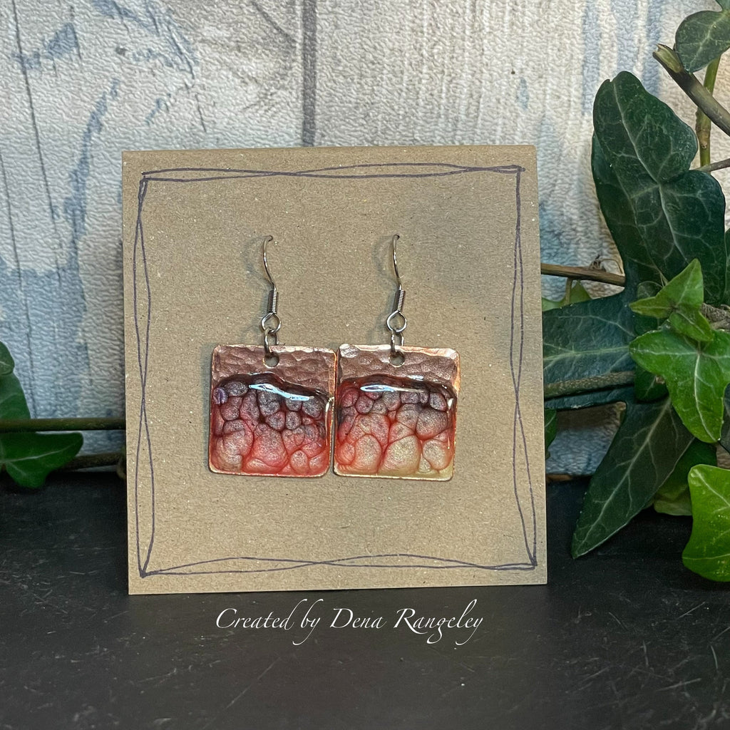 Copper and red/onyx dangle earrings. Recycled copper earrings #6
