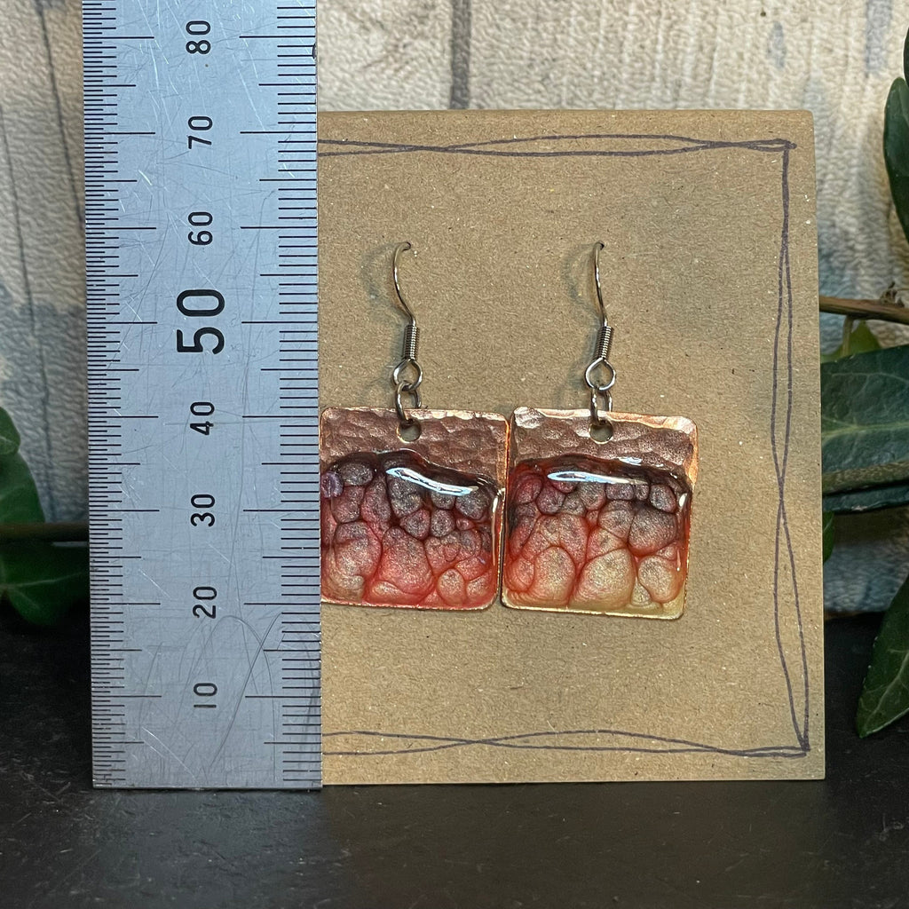 Copper and red/onyx dangle earrings. Recycled copper earrings #6