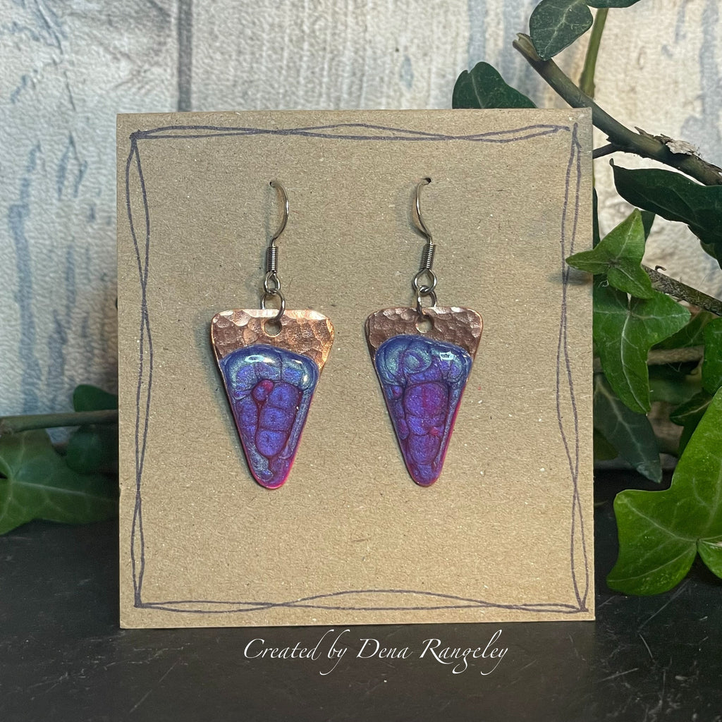 Copper and purple dangle earrings. Recycled copper earrings. Triangle earrings #2