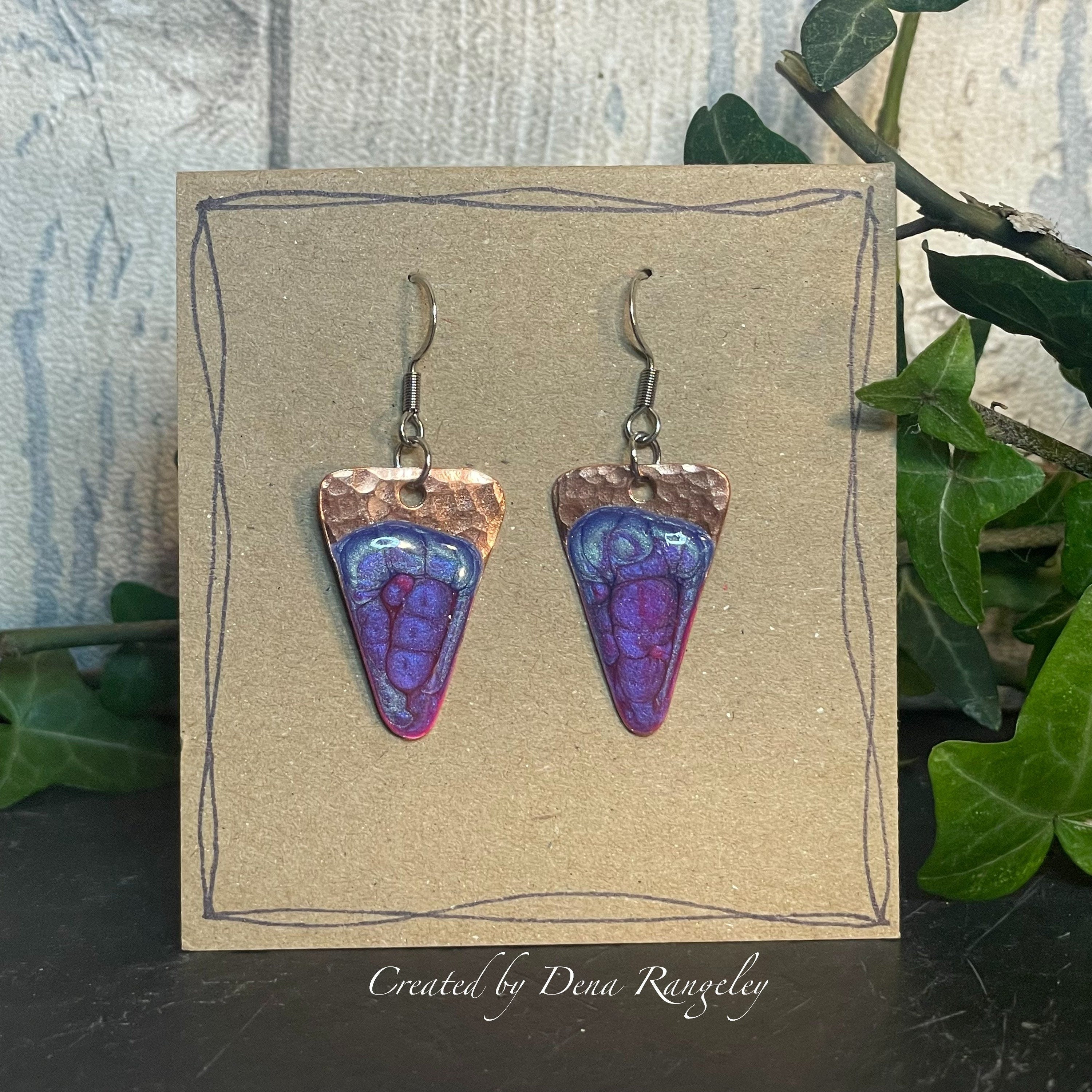 Copper and purple dangle earrings. Recycled copper earrings. Triangle earrings #2
