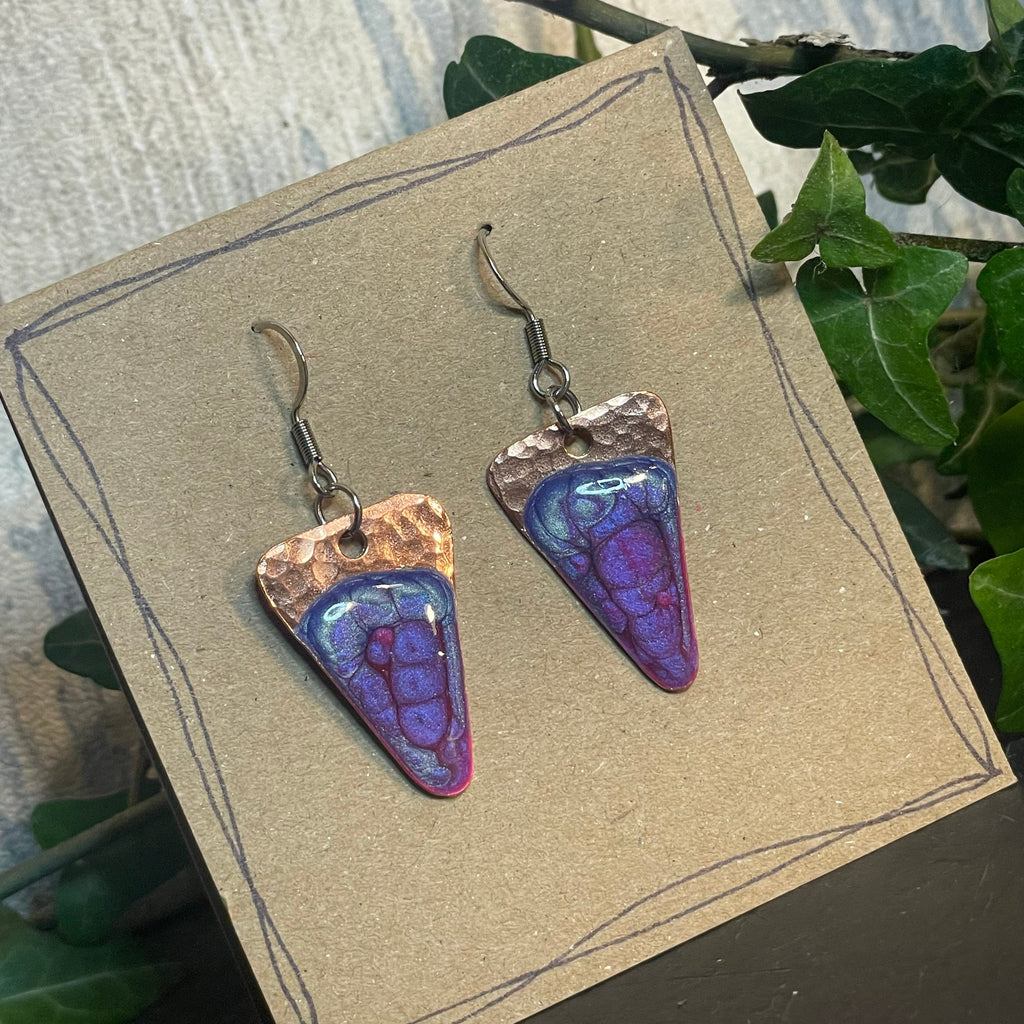 Copper and purple dangle earrings. Recycled copper earrings. Triangle earrings #2